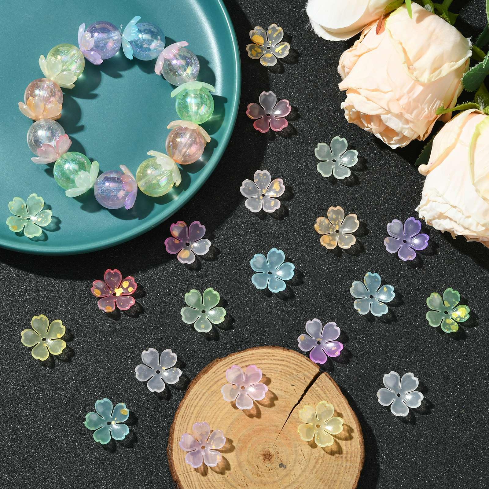 Perles Fleurs Cerisier Acrylique - 100 Pièces 5 Pétales Bord Doré Pour Création Bijoux DIY - 10