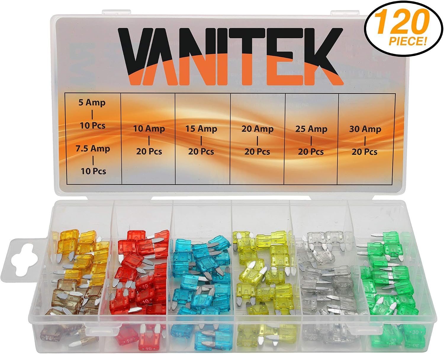 Vanitek 120-Pc Car Truck Boat Fuse Assortment Kit - 5, 7.5, 10, 15, 20, 25, 30 AMP - Blade Fuses (Mini)
