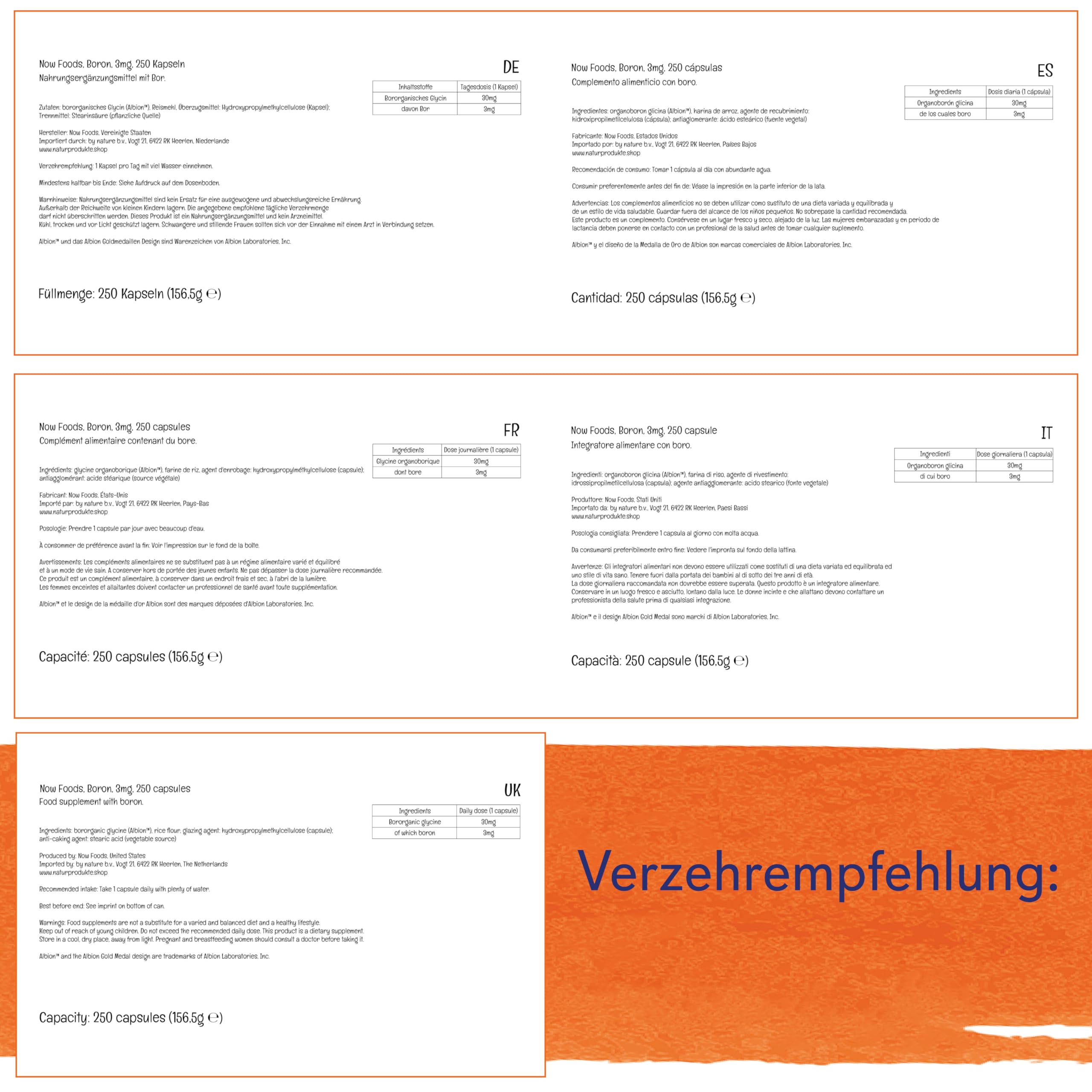 Now Foods, Boron (Bor), 3mg, 250 vegane Kapseln, Laborgeprüft, Glutenfrei, Sojafrei, Ohne Gentechnik, Vegetarisch