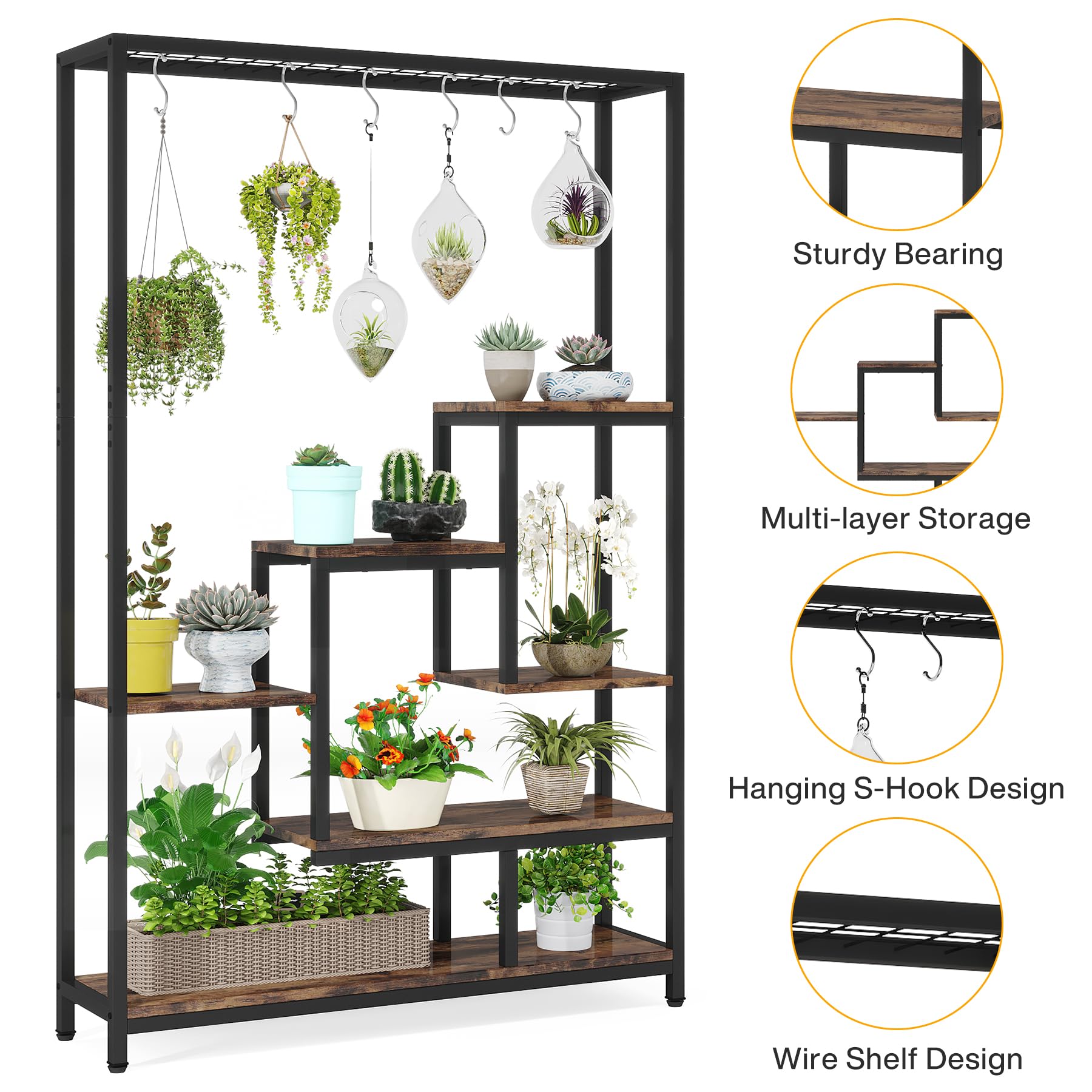Tribesigns Pflanzenständer Blumenständer indoor 5 Etagen Pflanzenregal mit 10 S-Haken, 180 cm Blumenregal Metall für Balkon Deko Garten Blumentreppe Wohzimmer (Braun)