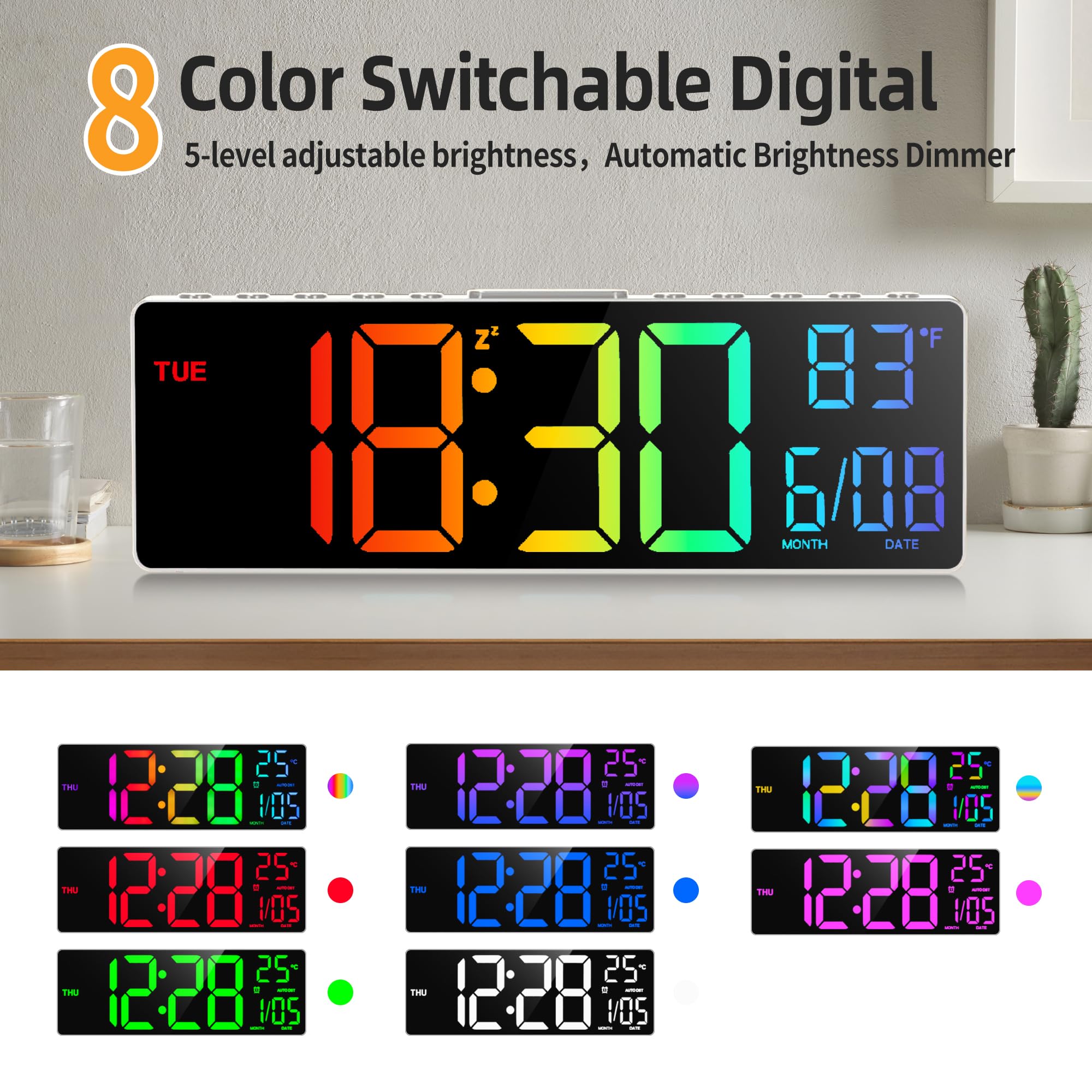 HAITANG Orologio da Parete Digitale - Orologio Digitale da Tavolo 10,5" con Indicazione della Temperatura, Data e Giorno, Dimmer Automatico della Luminosità RGB, Luci Notturne per Scrivania
