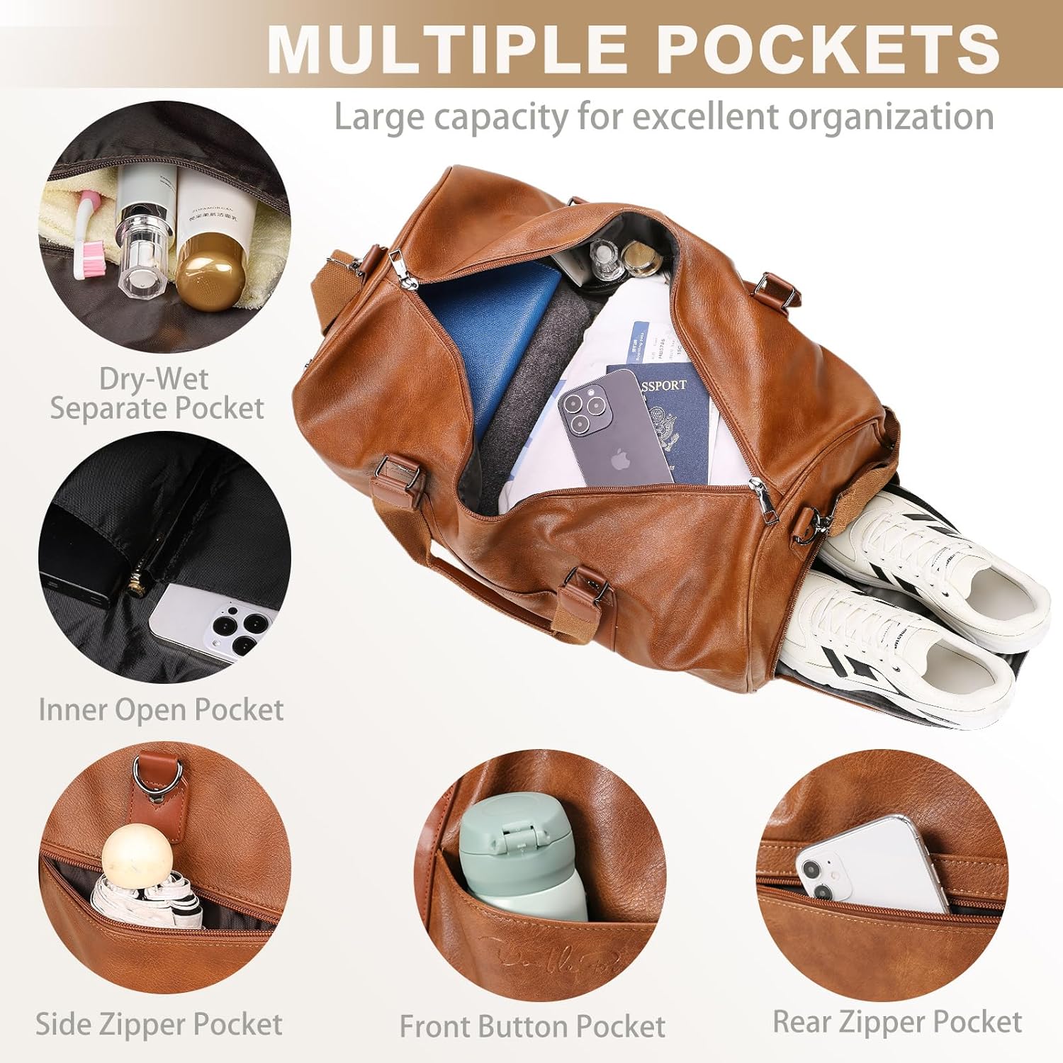 3-in-1 Leather Duffle Bag for Travel with Toiletry Bag and Shoe Compartment, Weekender Overnight Gym Bag for Men Women, Carry On Bag Fits 21 Inch Laptop - Image 7