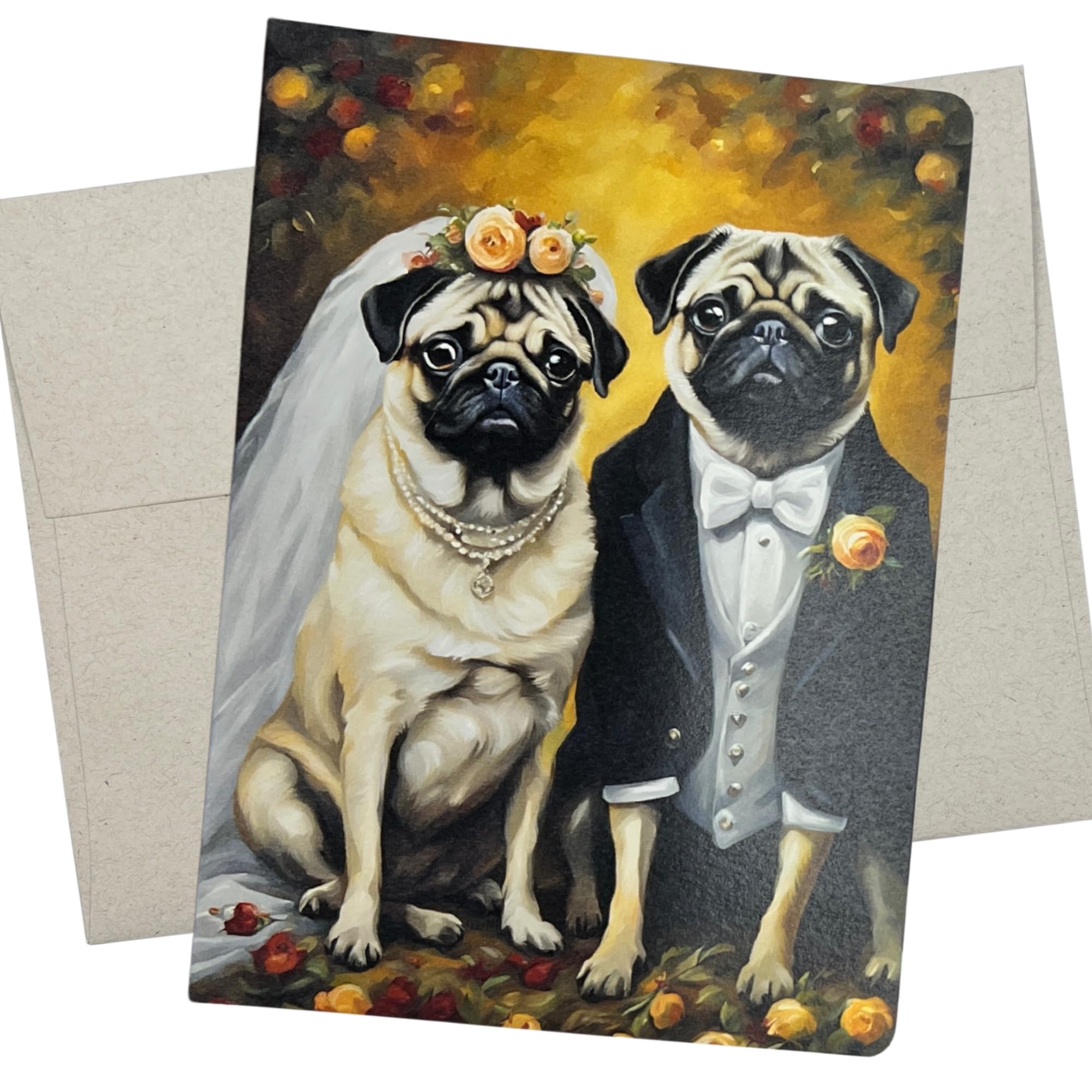 Whitman and Daughter Beautiful Pug Wedding Card, Wedding Card with Dogs (5X7 Inch) blank inside for your own tasteful message, also engagement cards