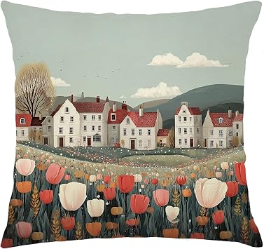 Spring Cottagecore Tulip Floral Pillow Cover 20x12 Double-Sided, Rustic Spring Village Countryside Landscape Decorative Throw Pillow Cover for Couch Bed Bedroom Living Room