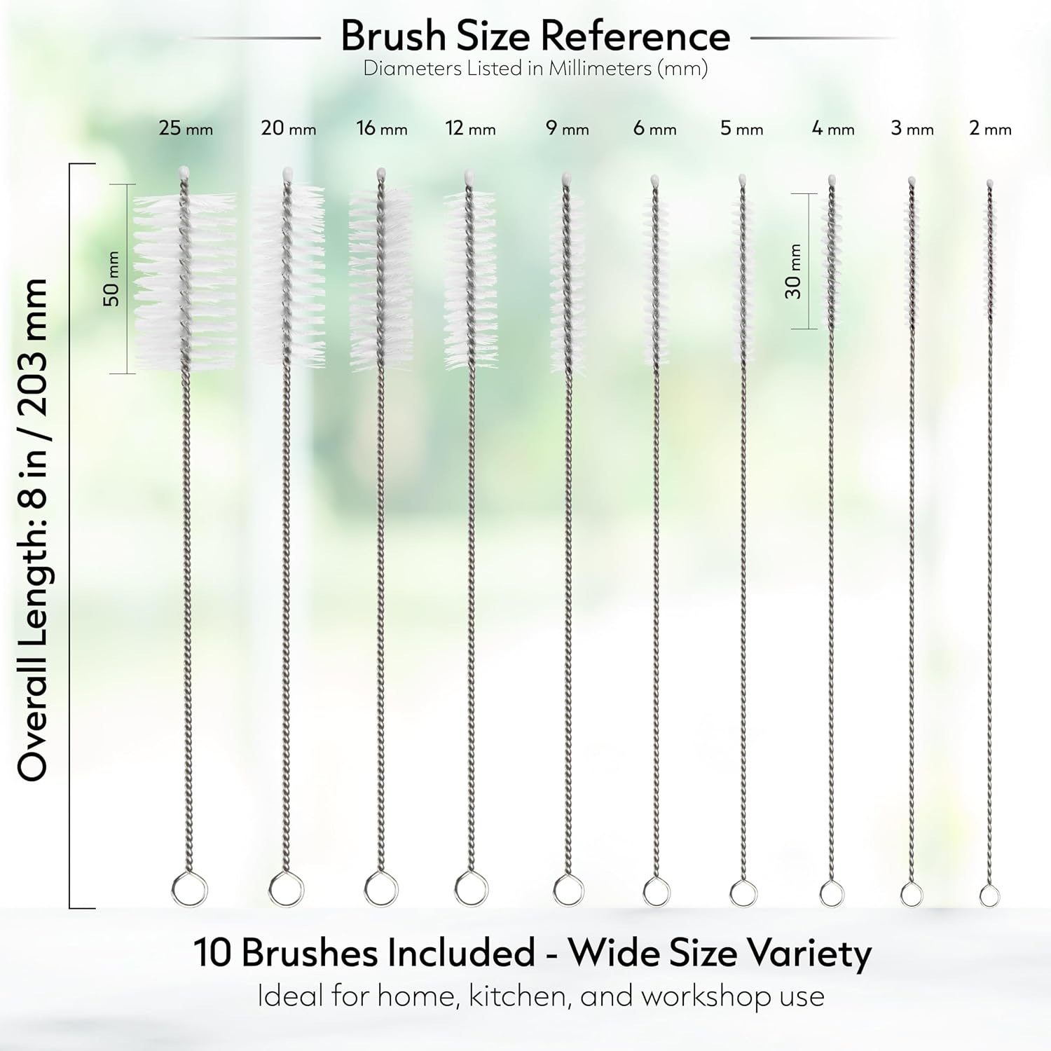 Straw Cleaning Brush Set – 10 Pack, 8-Inch Nylon Tube Pipe Cleaners in 10 Different Sizes, Reusable for Bottles, Pipes & Kitchen Use