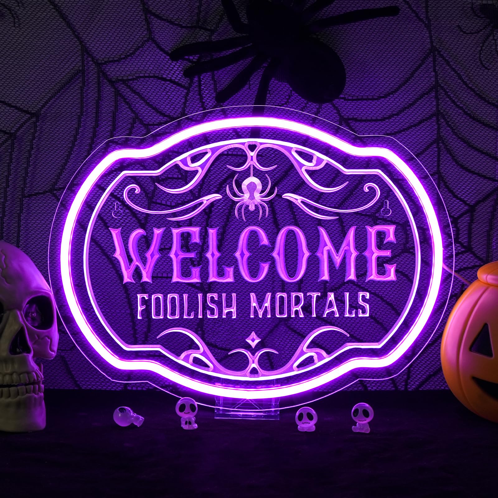Horseneon Welcome Foolish Mortals Neon Sign - Haunted Mansion LED Wall Decor for Halloween, Horror Parties & Themed Bars, USB-Powered with Adjustable Brightness, Spooky Flicker Effect