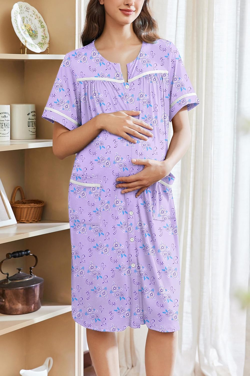 Ekouaer Nightgowns for Women House Dress with Pockets Button Down Sleepshirt Short Sleeve Nightshirt Housecoat S-XXXL - Image 3