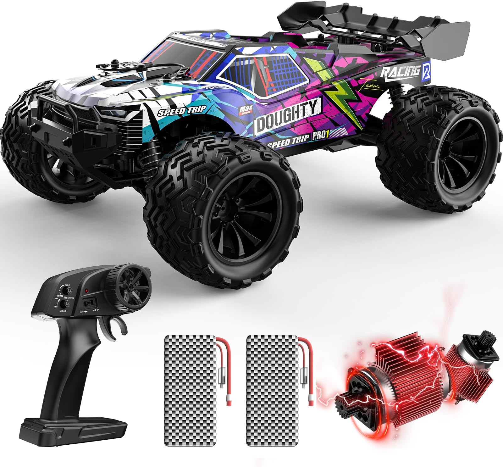 DEERC 1:16 Scale 4WD High Speed RC Truck Dual Motor Off Road Vehicle | with Dual Differentials and Shock Absorbers, 2 Rechargeable Batteries for 50 Min Play, 2.4GHz All Terrain Monster Car Gift