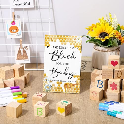 Miniatura 4 de Tatuo Kit de 75 letreros para juegos de baby shower, incluye letrero de juego de decorar un bloque, 50 piezas de bloques de madera en blanco, 24