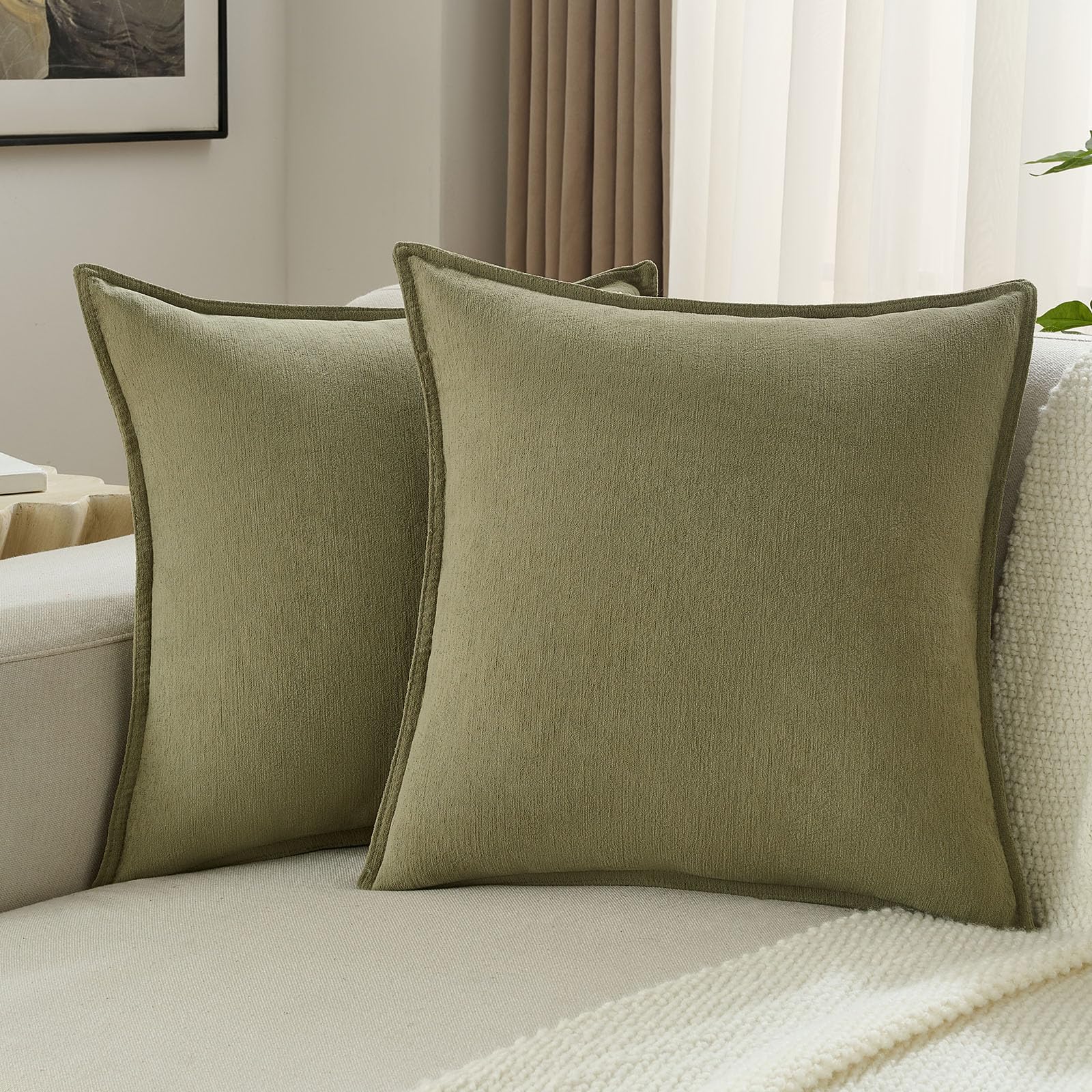 FUTEI Set of 2 Soft Chenille 50x50 cm Cushion Covers Edges Stitched Piped Scatter Pillow Covers 50 x 50 cm Modern Farmhouse Accent for Sofa Bedroom Living Room, Olive Green