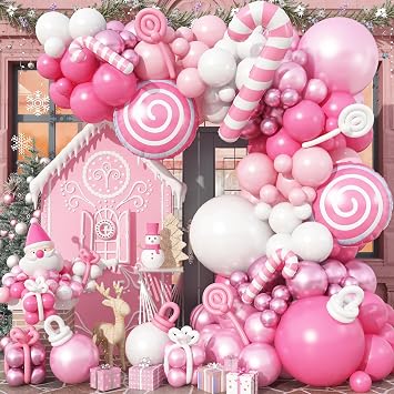 Pink Balloon Garland Arch Kit, Pastel Pink White Balloons Candy Cane Peppermint Foil Balloons for Candyland Party Decorations Xmas Birthday Baby Shower Holiday Party Supplies