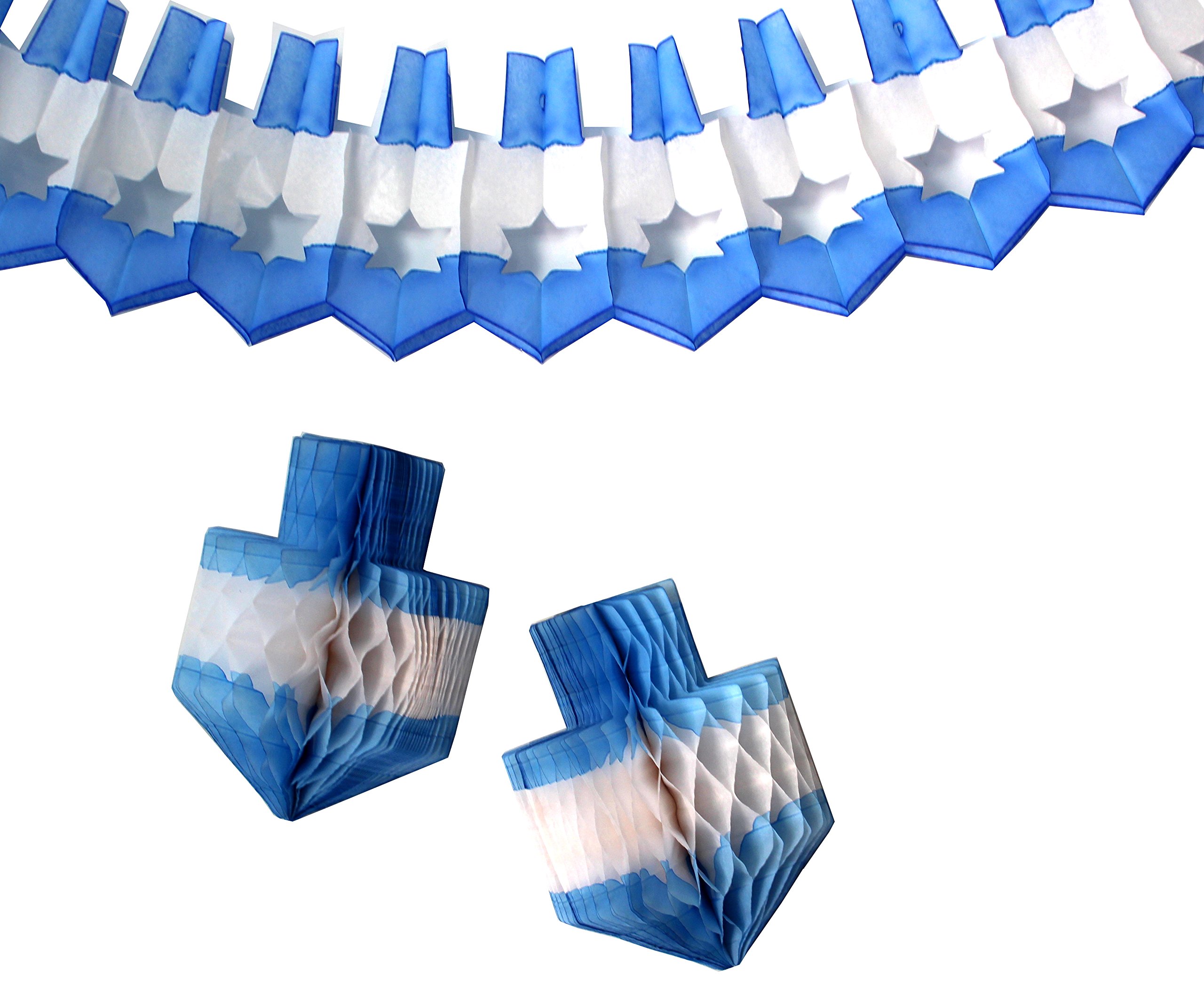 3-piece Hanukkah Garland & Dreidel Decoration Set - One 12 Foot Garland and Two 11 Inch Dreidels (Blue/White)