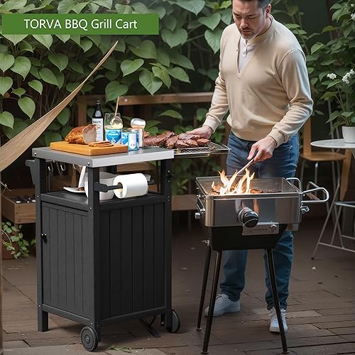 Miniatura 7 de TORVA Carrito portátil para parrilla al aire libre con almacenamiento, gabinete impermeable para parrilla de patio, isla de cocina al aire libre de