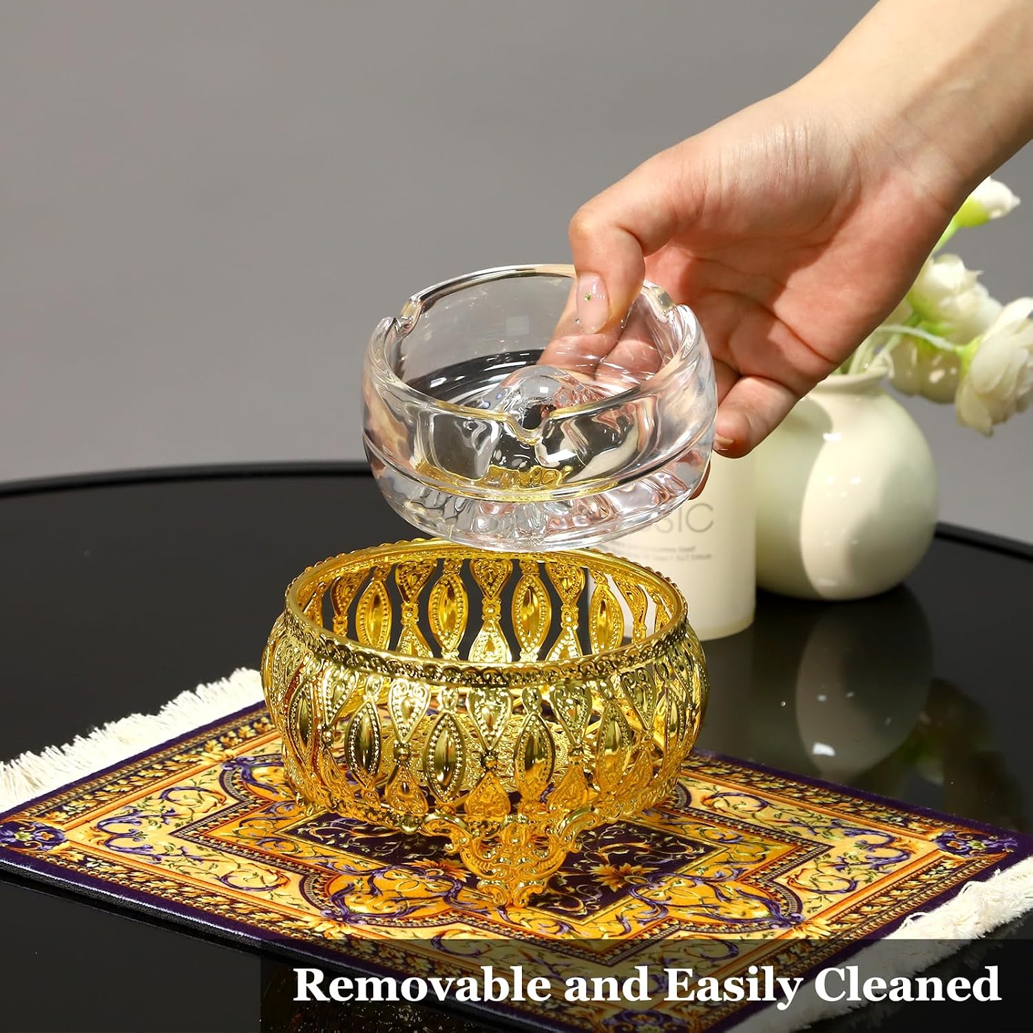 Metal Cigarette & Cigar Ashtray Vintage Pattern Metal Stand with Crystal Glass Liner Round Tabletop Ash Holder for Home Office Patio Hotel Restaurant