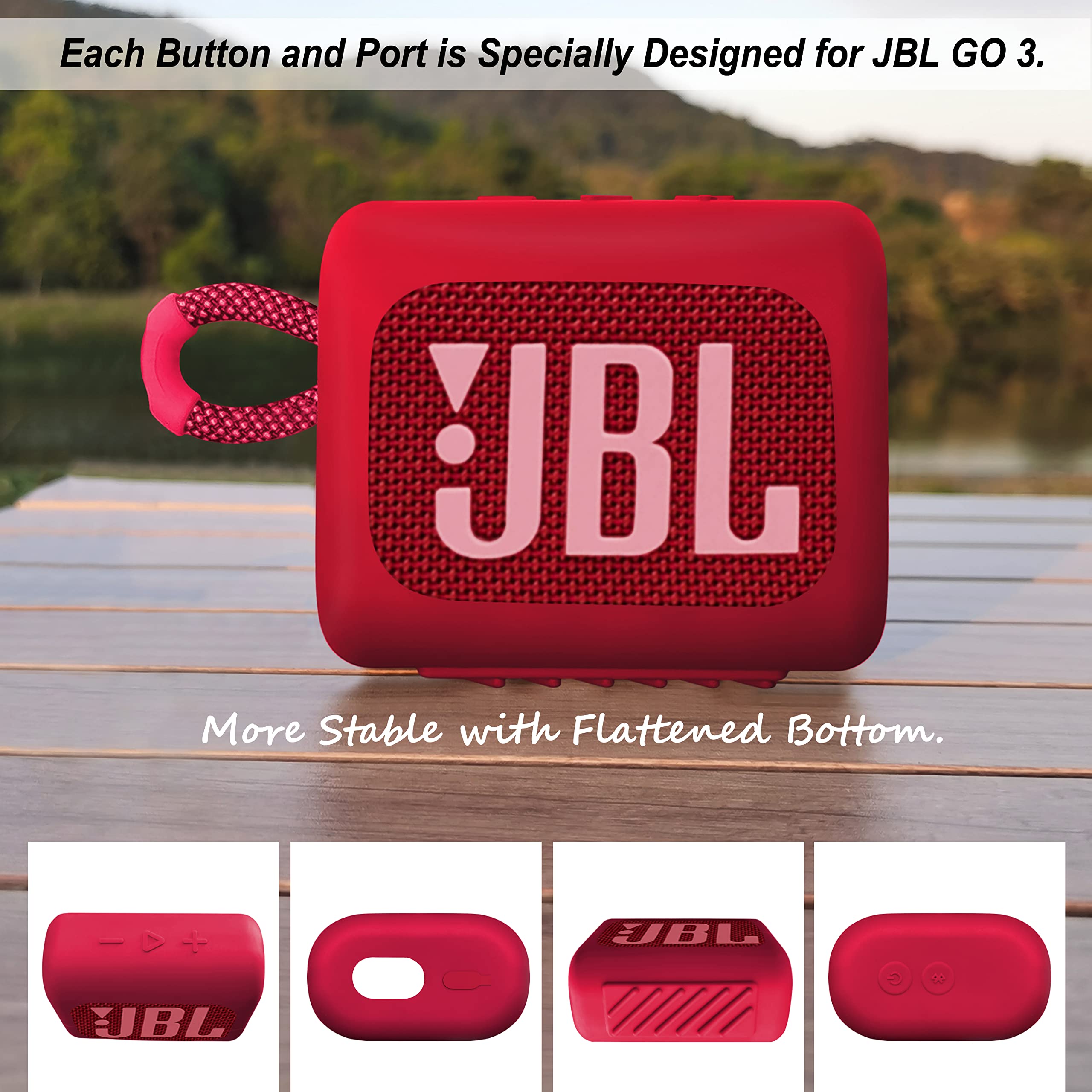 Étui en silicone pour JBL GO 3 avec tour de cou et mousqueton, Rouge