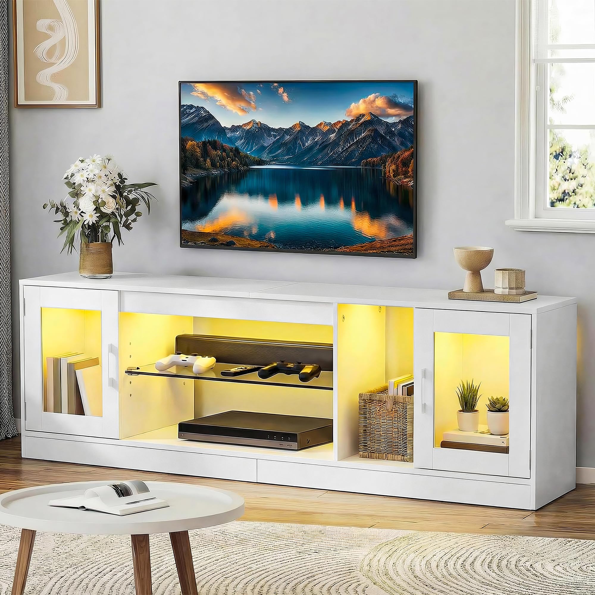 YITAHOME Mueble de TV de 180 cm con 7 LED RGB, mueble bajo para TV con 2 armarios cerrados, 3 estantes abiertos y estante de cristal ajustable, moderno centro de entretenimiento para salón, 180 x 32 x