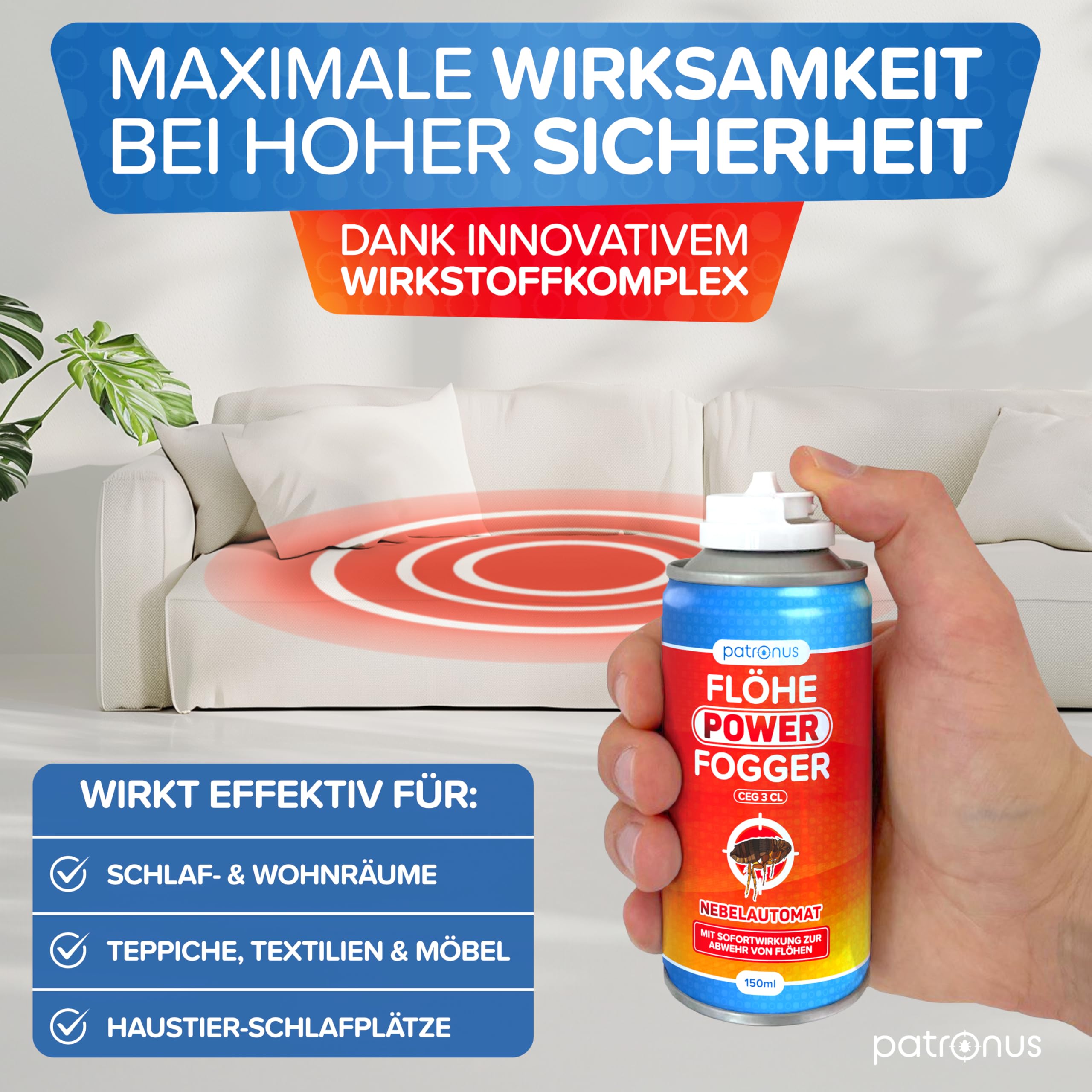 Patronus Flöhe Power Fogger mit maximaler Sofortwirkung [2X 150ml] | effektiver Floh-Fogger zur Abwehr gegen Flöhe in der Wohnung - Flohbomben für schwierig erreichbare Floh-Verstecke
