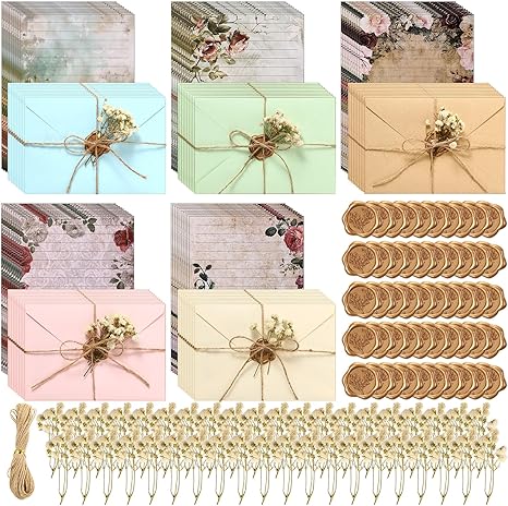 200 Pcs Stationary Writing Paper with Envelopes Set 50 Vintage Floral Letter 50 Envelopes 50 Dried Babys Breath 50 Wax Seal Stickers Hemp Ropes Letter Writing Kit Stationery Gifts for Wedding