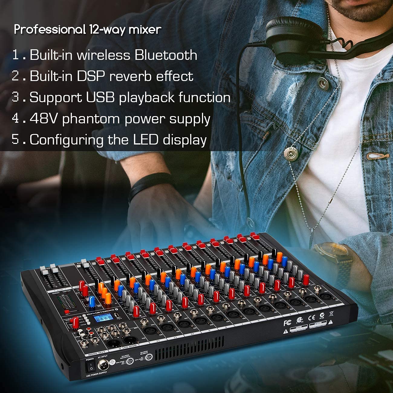 Depusheng DA12 mischpult dj mit USB Laufwerk für Computeraufnahmen Bluetooth 12 Kanal Audio Mixer XLR Mikrofonbuchse 48V Stromversorgung Cinch Eingang/Ausgang