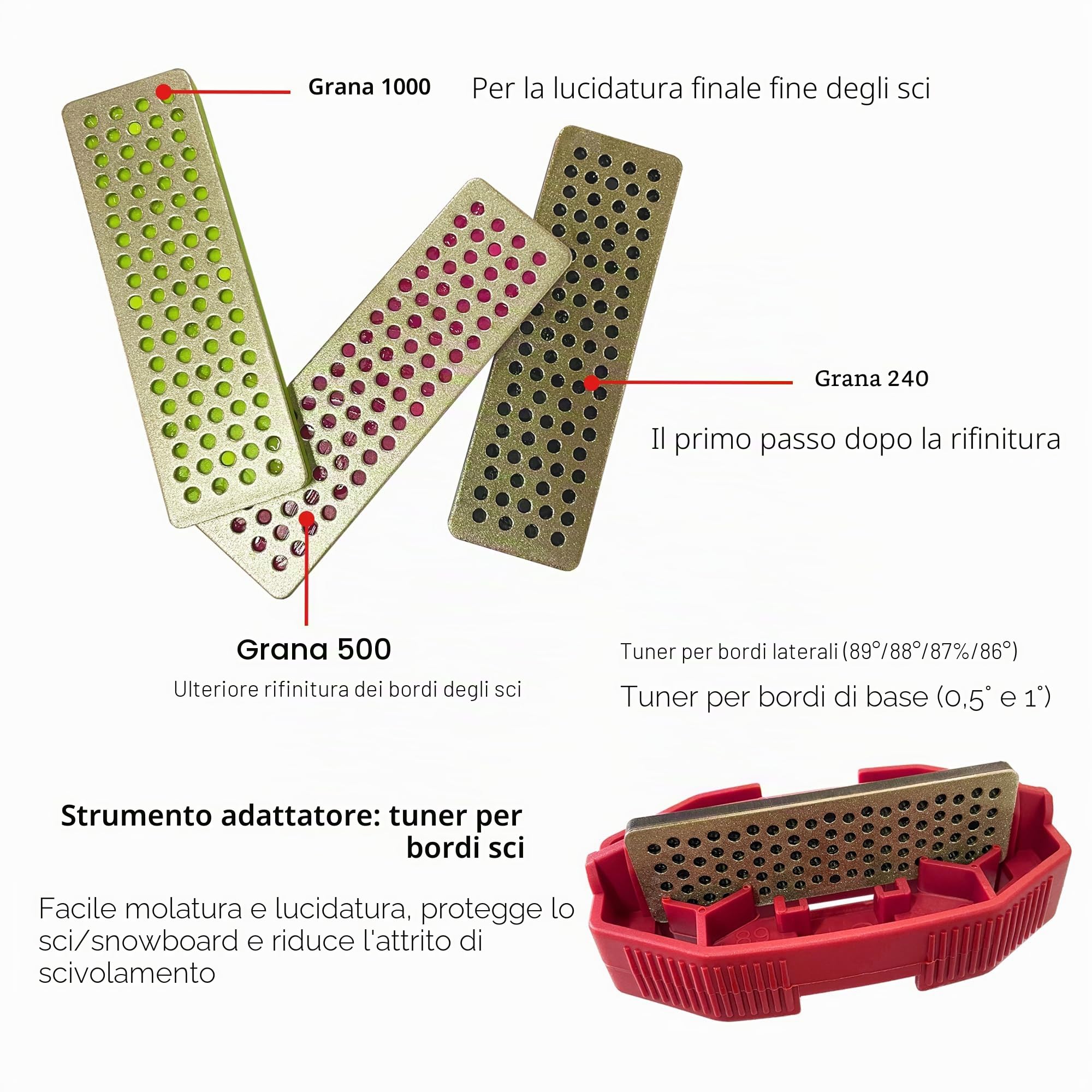 Kit di 3 Dischi diamantati per Sci da Snowboard e Sci con Bordo smussato, Grana 240, Grana 500, Grana 1000, per sciatori