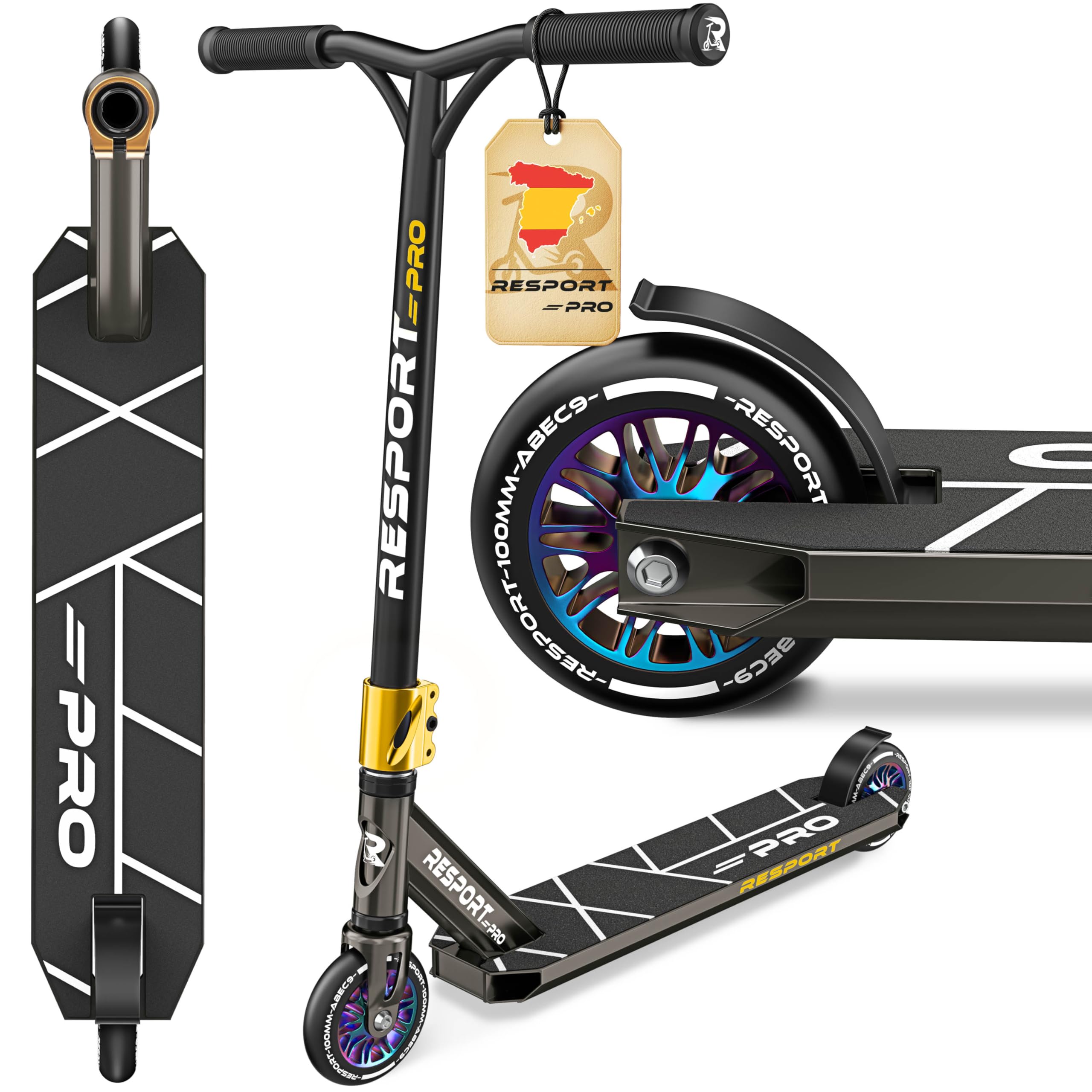 RE:SPORT Patinete de acrobacias Revo Pro para niños y adultos con soporte, patinete profesional de 110 mm, ruedas de poliuretano y barra en Y, patinete de acrobacias, patinete ABEC 9, rodamientos de