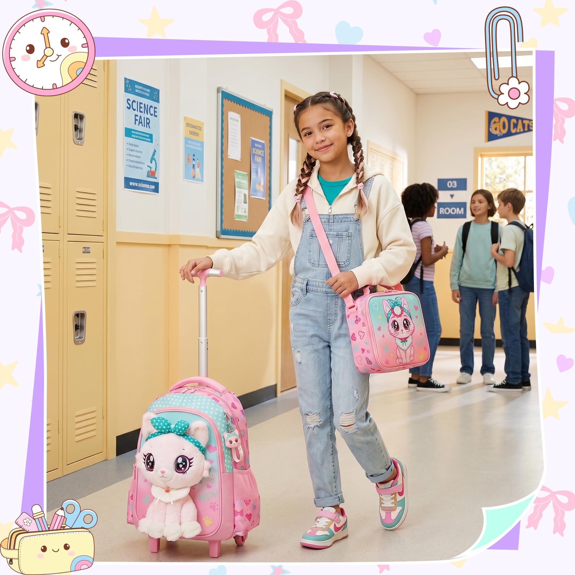 HTgroce Schulrucksack Trolley Mädchen (Süße Katze) – Schulranzen mit Rollen & Kinderkoffer – Schultasche für Grundschule (1. & 2. Klasse) & Reisen