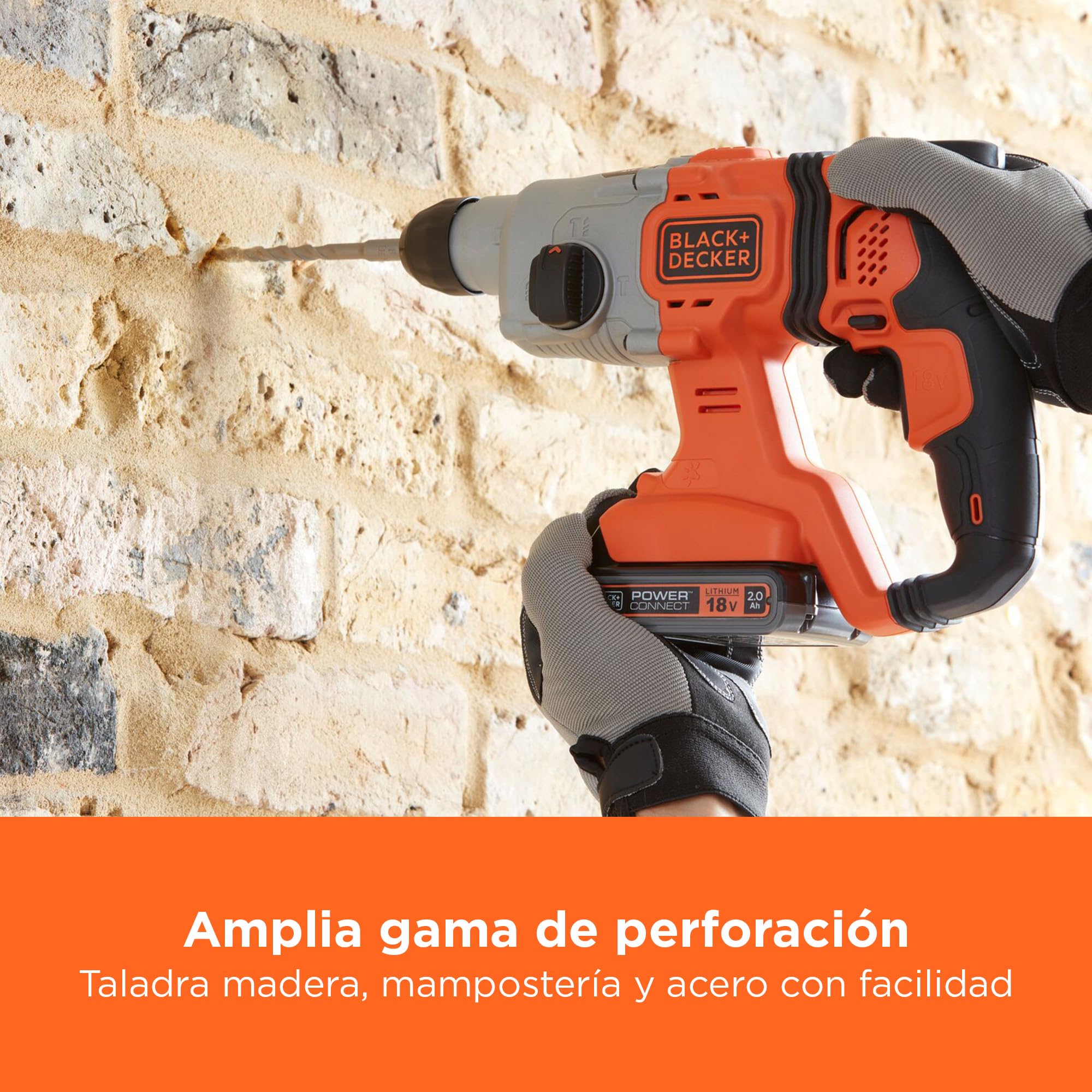 BLACK+DECKER Taladro percutor inalámbrico SDS-Plus 18V, batería 4,0Ah, cargador 2A, caja del kit, mango ajustable, luz LED, BCD900M1K-QW