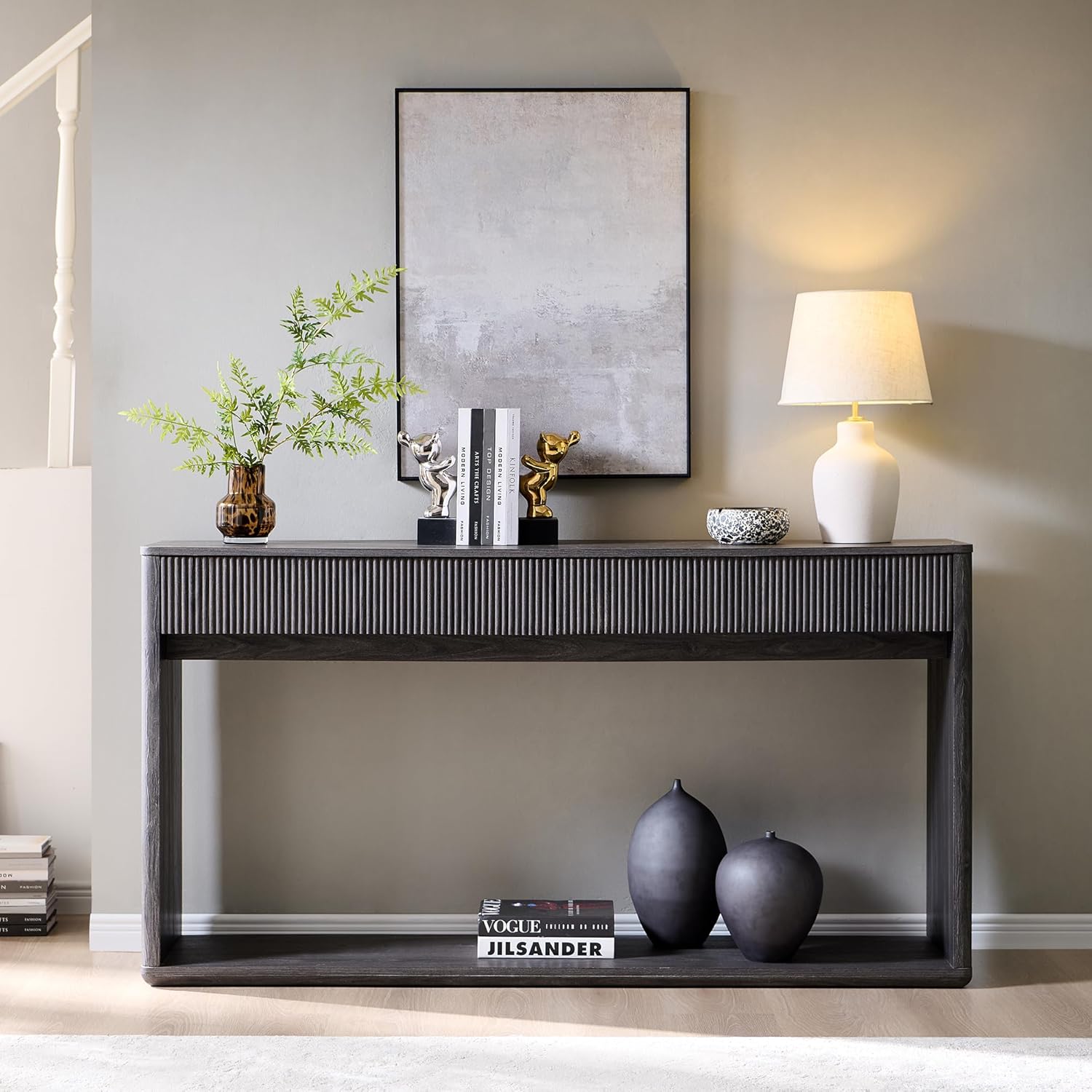 OKD 63" Fluted Console Table for Entryway, Modern Entryway Table with 2 Large Drawers, Long Sofa Table Behind Couch for Living Room, Hallway, Couch, Foyer,Dark Alder - Image 3