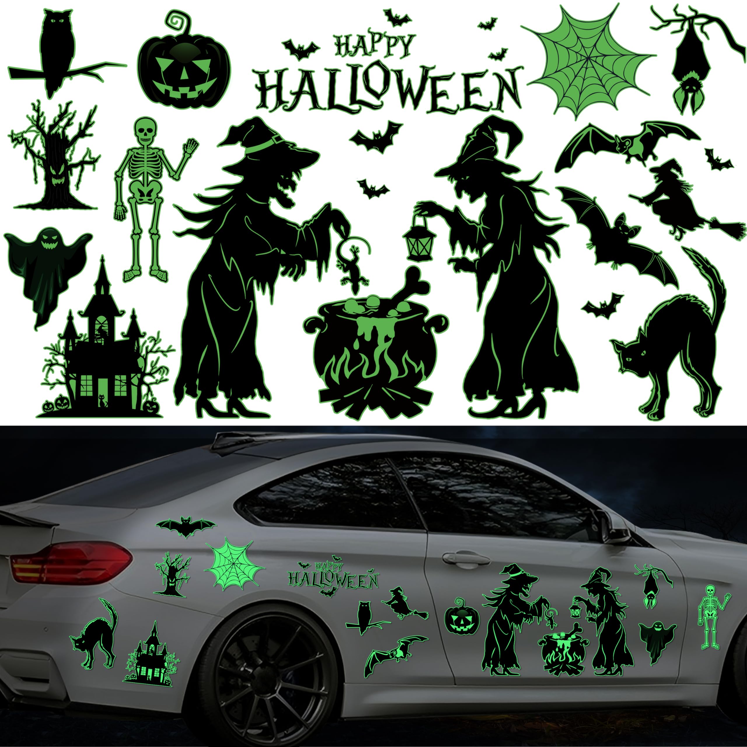 Halloween Car Magnet Decorations 16 Pcs, Luminous Magnetic Car Decals, Garage Door Stickers Decors, Glow in The Dark Holiday Magnet for Fridge (01)