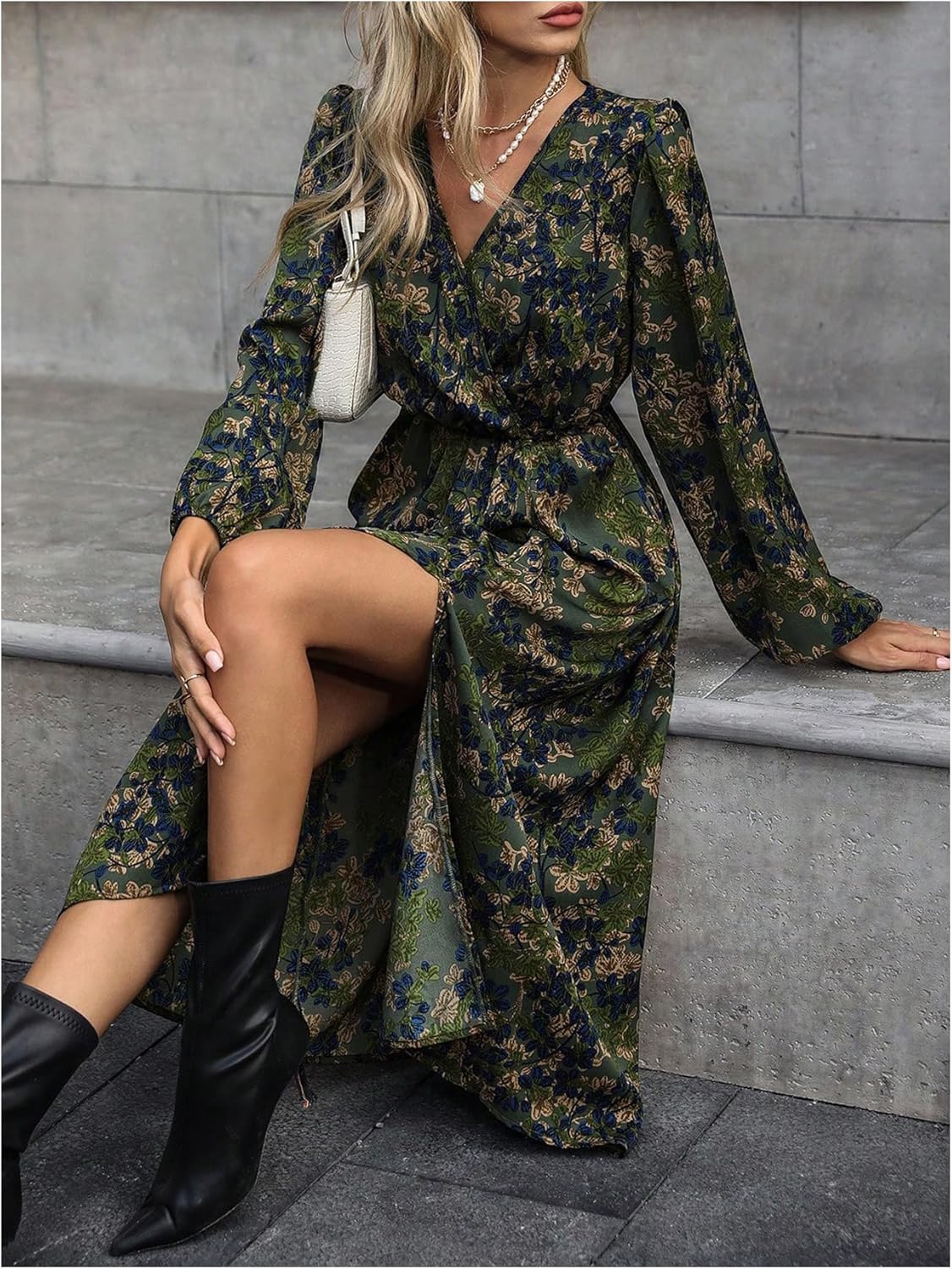 Women's Floral Wrap V Neck Dress Vintage Lantern Sleeve Slit Maxi Beach Sundress Wedding Guest Dresses - Image 5