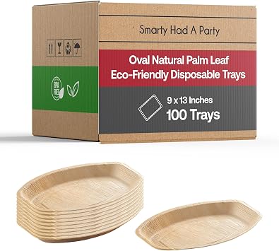 Smarty Had A Party Palm Leaf, Eco Friendly, Disposable Dinner Plates, 100% Biodegradable & Compostable Dishes in Bulk for Rustic Theme Party & More 9" x 13" Trays 100 Trays