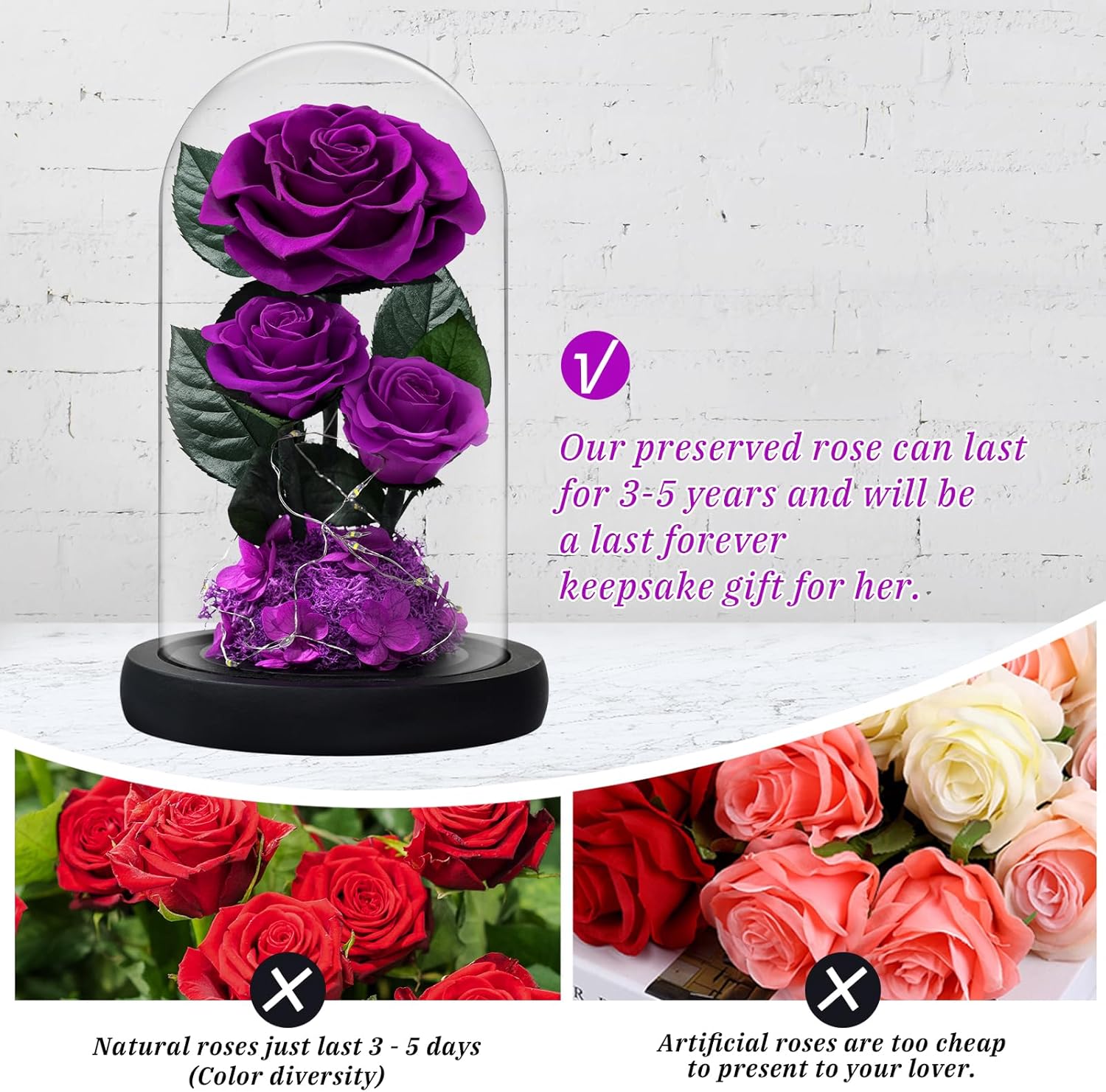 3 Preserved Flowers Roses in Glass Dome with Light for Beauty and The Beast Decor Real Rosas Eternas for Women Mom Birthday,Forever Purple Roses for Delivery, for Wife Girlfriend Her - Image 5