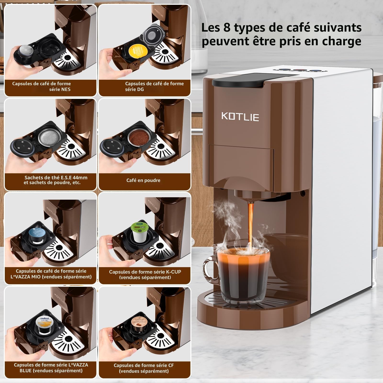 KOTLIE Machine à café 4 en 1 pour NES/DG/poudre de café/ESE (44 mm), 19 bar, 800 ml