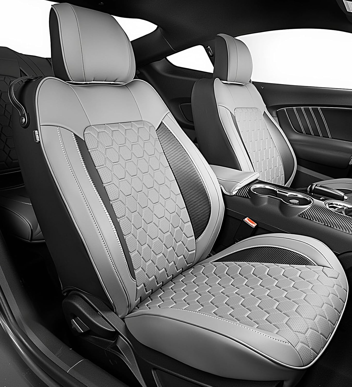 Fit for Ford Mustang 2015-2023 Seat Covers,Wear-Resistant Faux Leather Seat Covers Full Set,Full Coverage Car Seat Protector,Custom for Coupe Fastback/Hard Top,Rear with Split Backrest (Black&Gray)