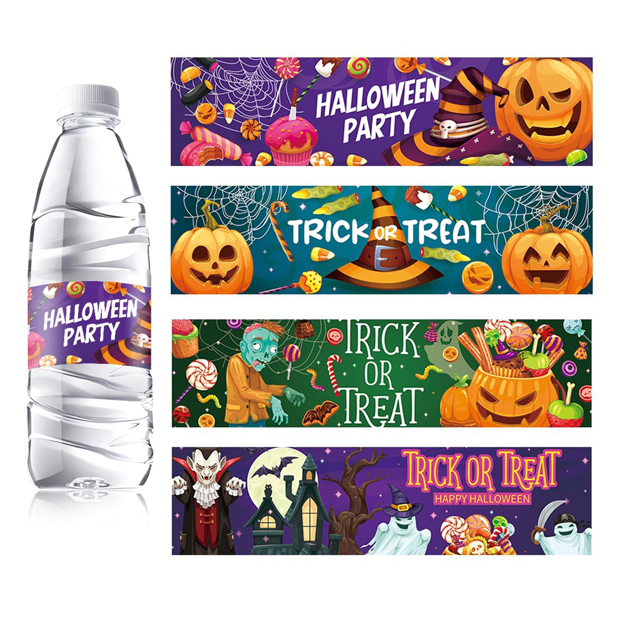 XMBHHRM 32 Pcs Multicolor Halloween Water Bottle Labels Waterproof Party Supplies Pumpkin Trick or Treat Bottle Stickers 4 Design for Each Design 8 Sheets
