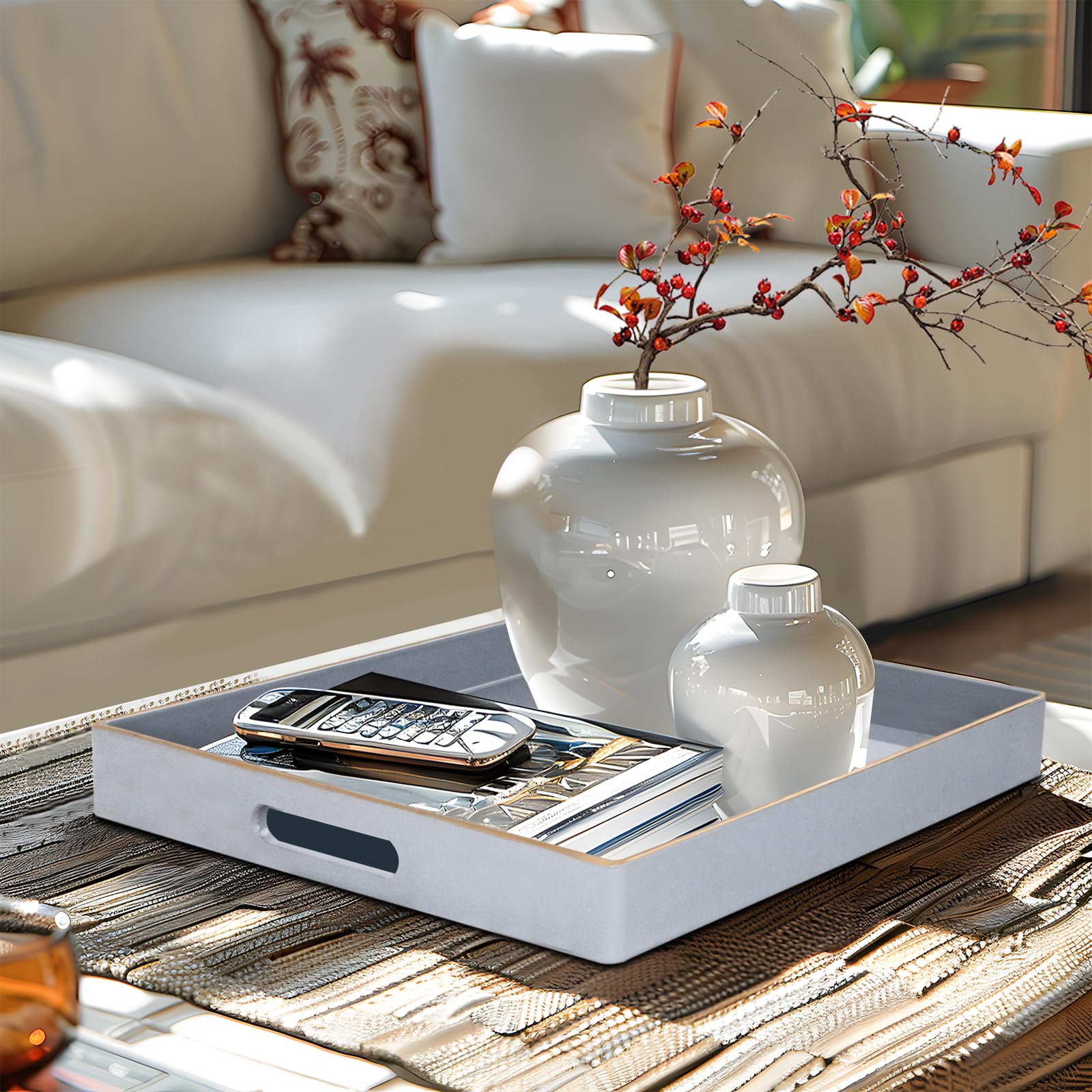 Montecito Home Decoratieve salontafel lade - Ottomaans dienblad - ontbijt, drankjes, drankdienblad - van boerderij tot modern - matte afwerking - Champagne gouden handgrepen - houtskool