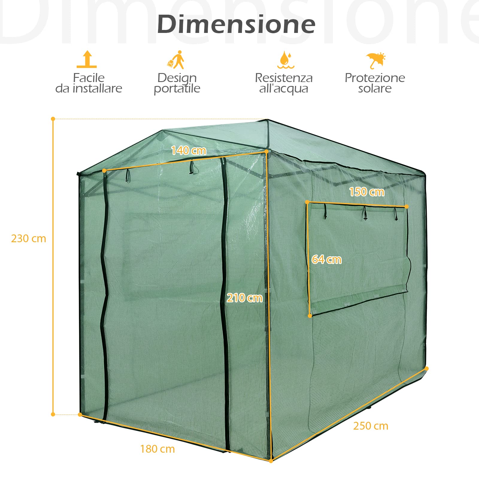 COSTWAY Serra per da Giardino 180 x 250 x 230 cm, Serra per Orto e Piante con Telaio Robusto, 2 Finestre Grandi e 2 Porte Arrotolabili con Doppia Cerniera, Serra da Eterno Pieghevole