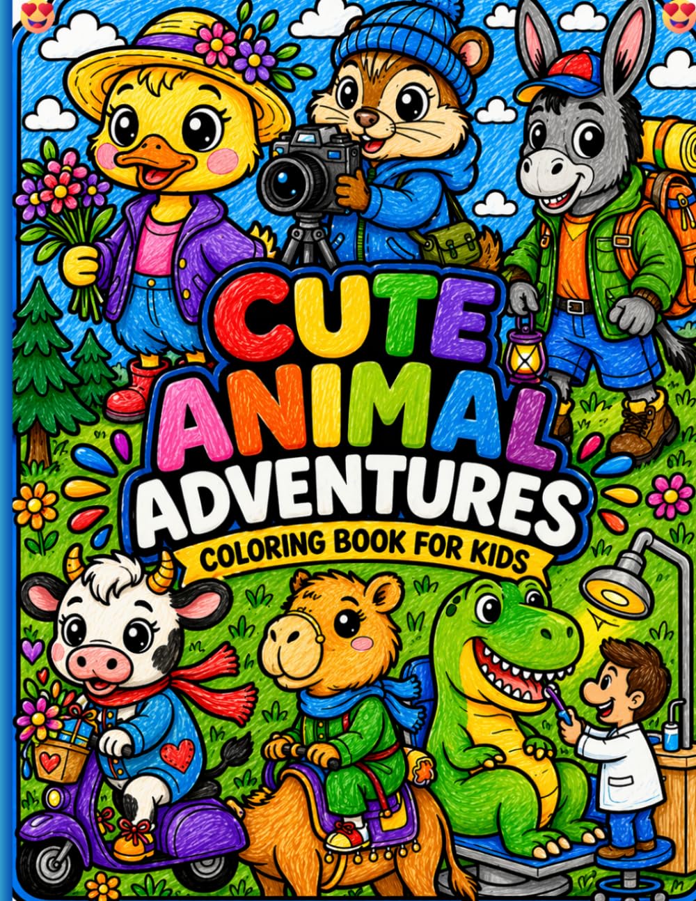 Cute Animal Adventures Coloring Book for Kids: Easy & Fun Animal Coloring Book for Kids Ages 3–8 | 55 Cute Pages with Big Bold Designs