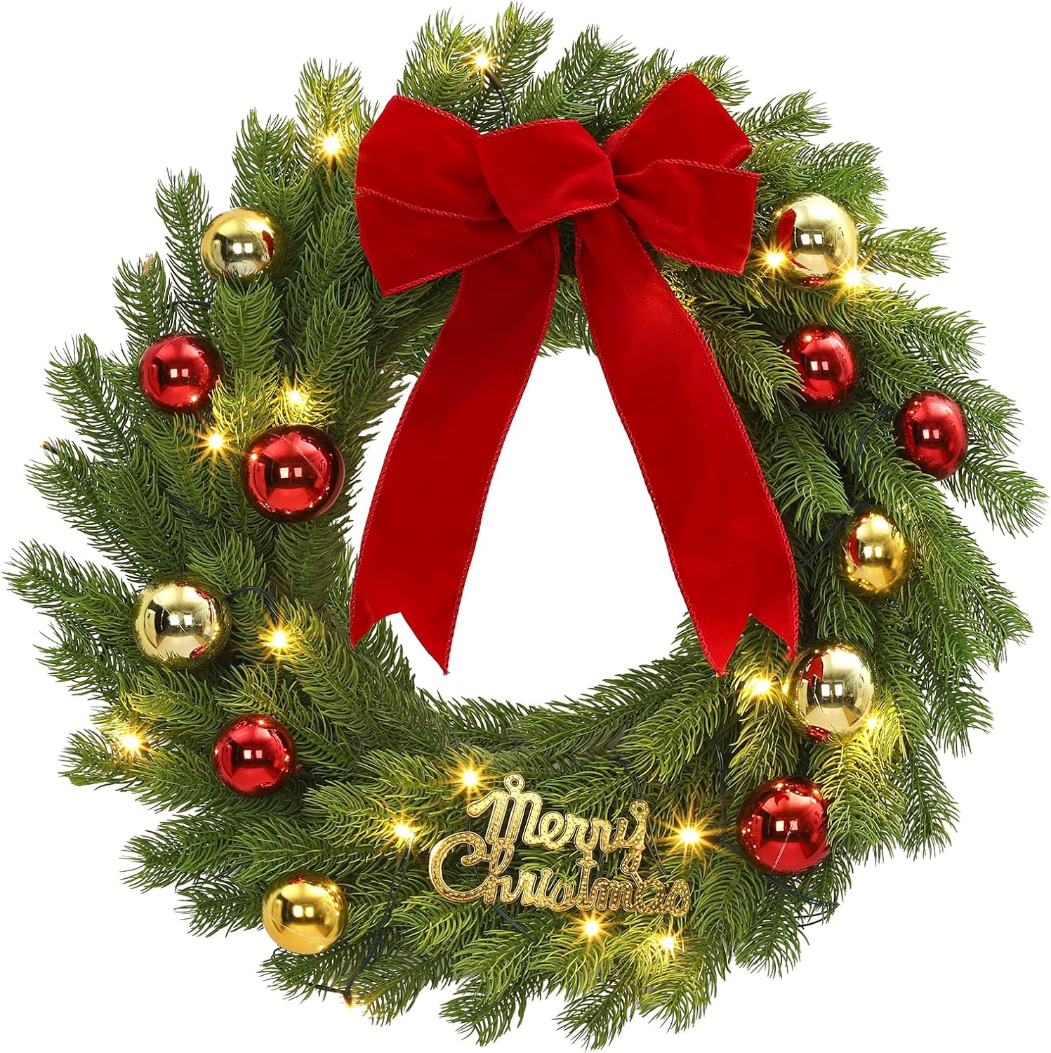 GarveeHome 24 in Christmas Wreath for Front Door, Pre-Lit LED Lights Christmas Decor with Red Bow & Balls, Artificial Pine Greenery Wreath for Home Fireplace Wall Window Porch Entryway
