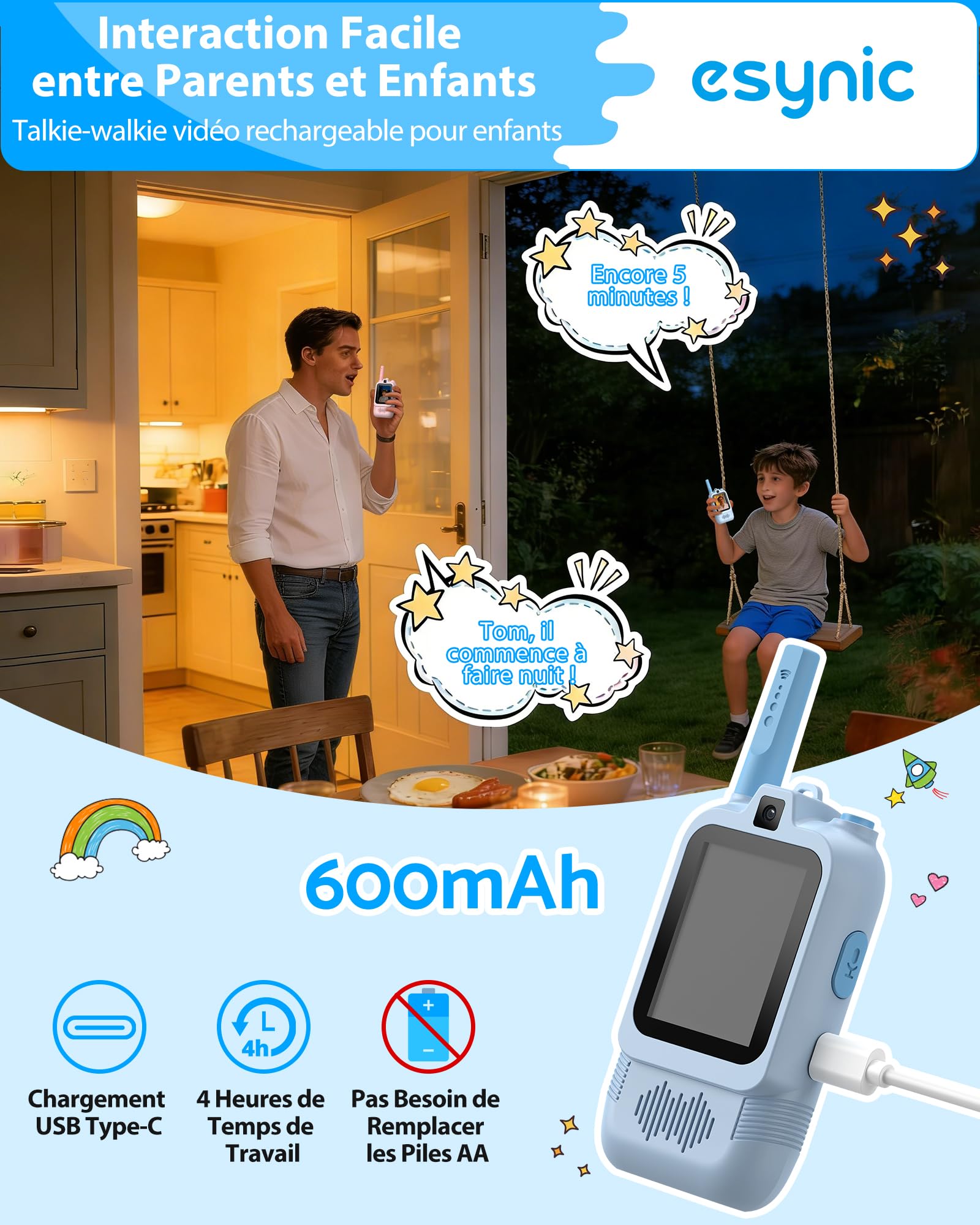 eSynic Talkie Walkie Enfants Double Caméra Appels Vidéo Portée 500m Rechargeable Rose+Bleu