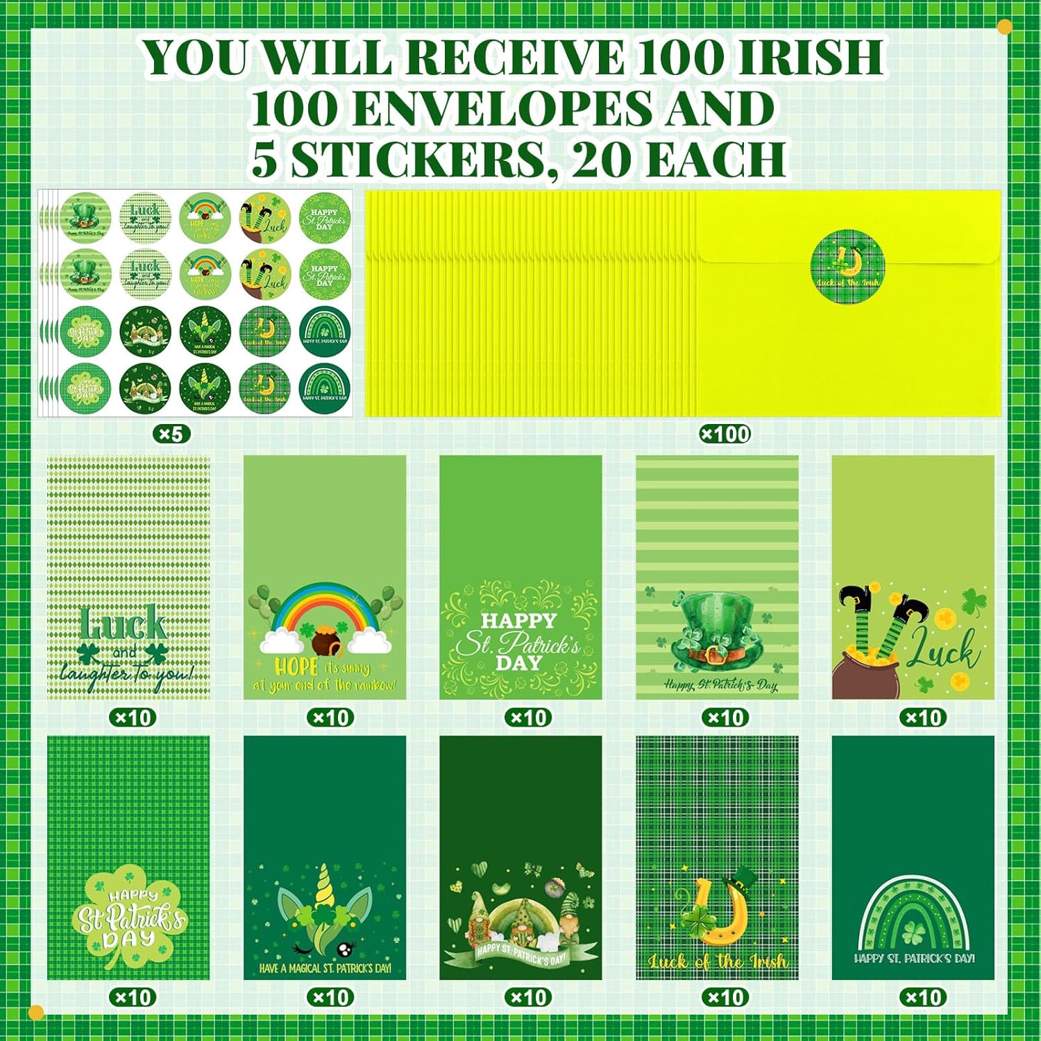 Yeaqee 100 Pack St. Patrick's Day Cards Bulk with Envelopes and Stickers Luck Shamrock Green Greeting Cards Folded Designs for Saint Patricks Day Holiday Party Gifts