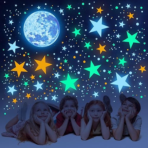 Miniatura 8 de Calcomanía de pared para techo de estrellas y luna que brilla en la oscuridad, calcomanías de pared coloridas con galaxia para niños, niñas,