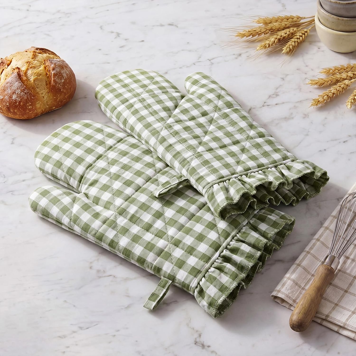 Twistover Checkered Oven Mitts 2-Pack Set, Cotton Gloves,Sage Green | 13.5x6.5 Inch Size with Ruffle Trim, Non-slip Heat Resistant for Baking BBQ Microwave, Plaid Cotton for Cooking