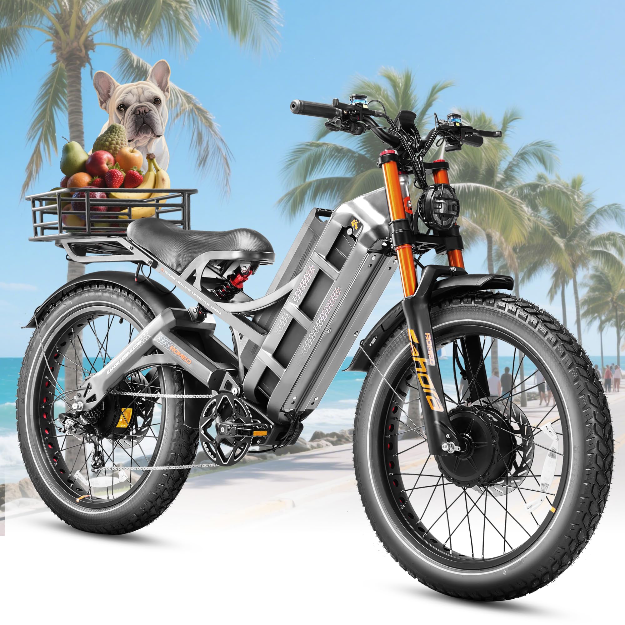 eAhora Romeo Pro 3/2 [2025] 46-50 Mph Electric Bike for Adults, Peak 5600W Dual Motor Ebike, 60V 80Ah 250 Miles Long Range E Bike, 26”*4.0 Fat Tire Air Full Suspension Off-Road E-Bike