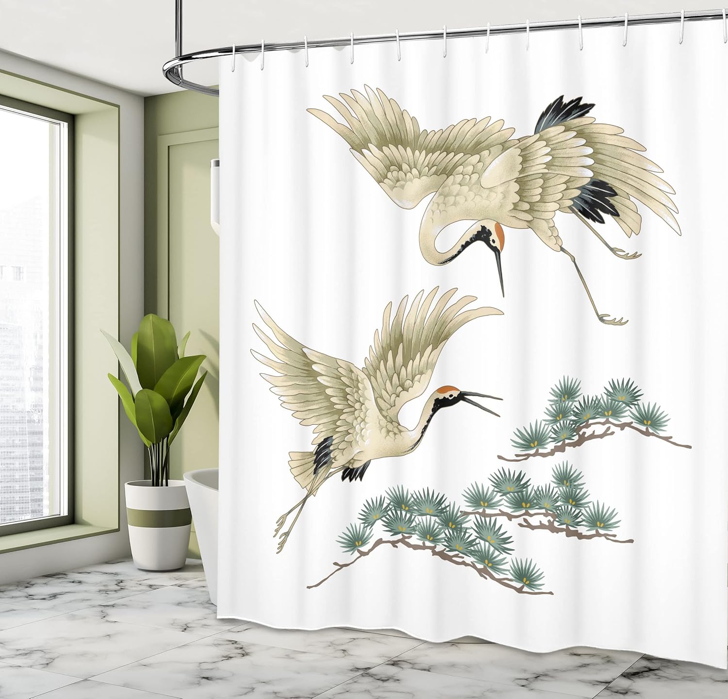 Lunarable Bird Shower Curtain, 2 Japanese Cranes Flying Traditional Painting Style Far Eastern Illustration, Cloth Fabric Bathroom Decor Set with Hooks, 69" W x 70" L, Ivory Green Black