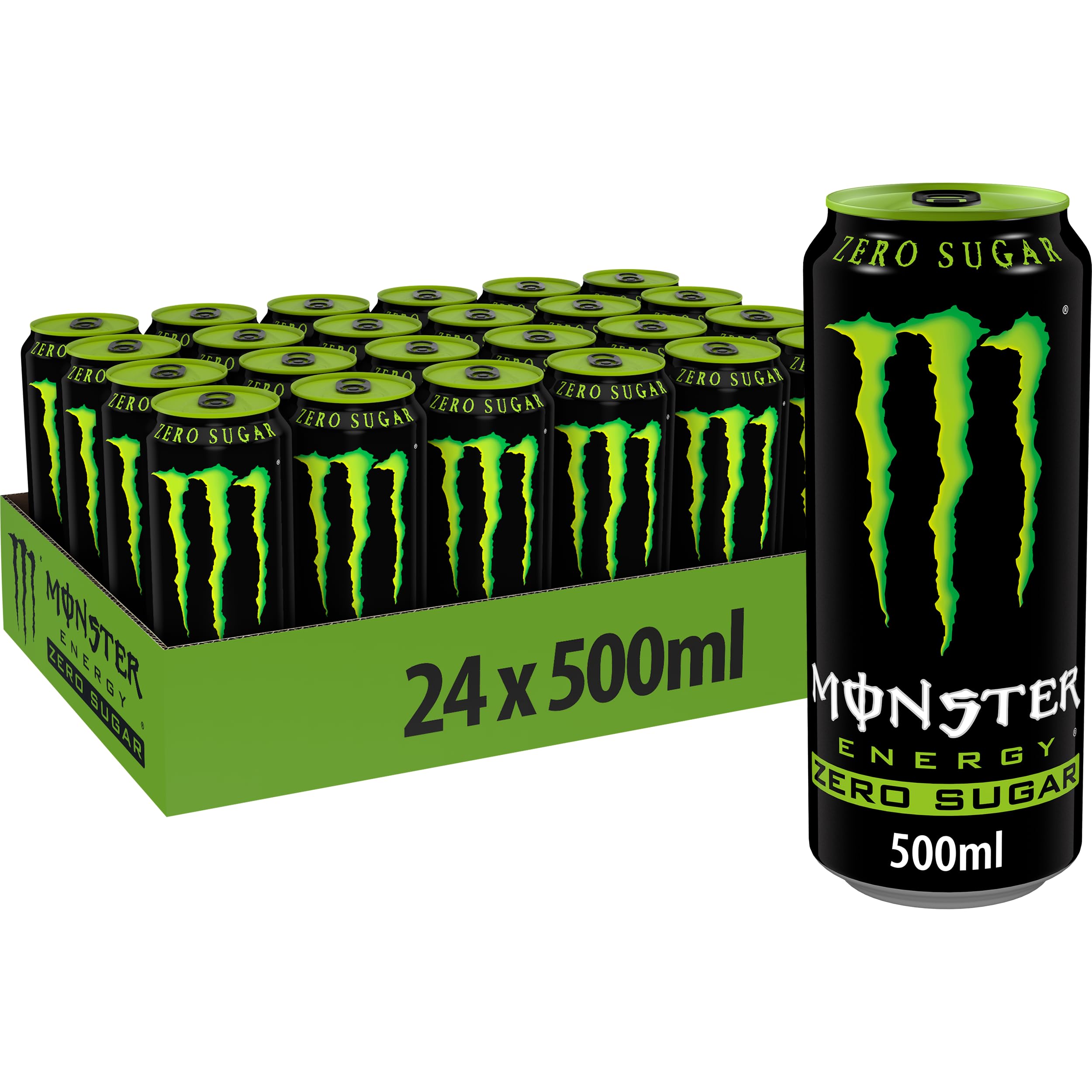 Monster, Monster Green Zero, bebida energética con sabor excepcional con mezcla energética y 180 mg de cafeína, sin azúcar, 24 latas de 500 ml
