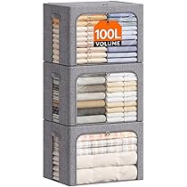 Lifewit 3 pezzi Scatole per Armadio Rigide con Cerniera, Organizzatore Armadio con Struttura in Metallo Pieghevole, Contenitori per Armadio Impilabili per Vestiti, Trapunte, Piumone, Grigio, 100L