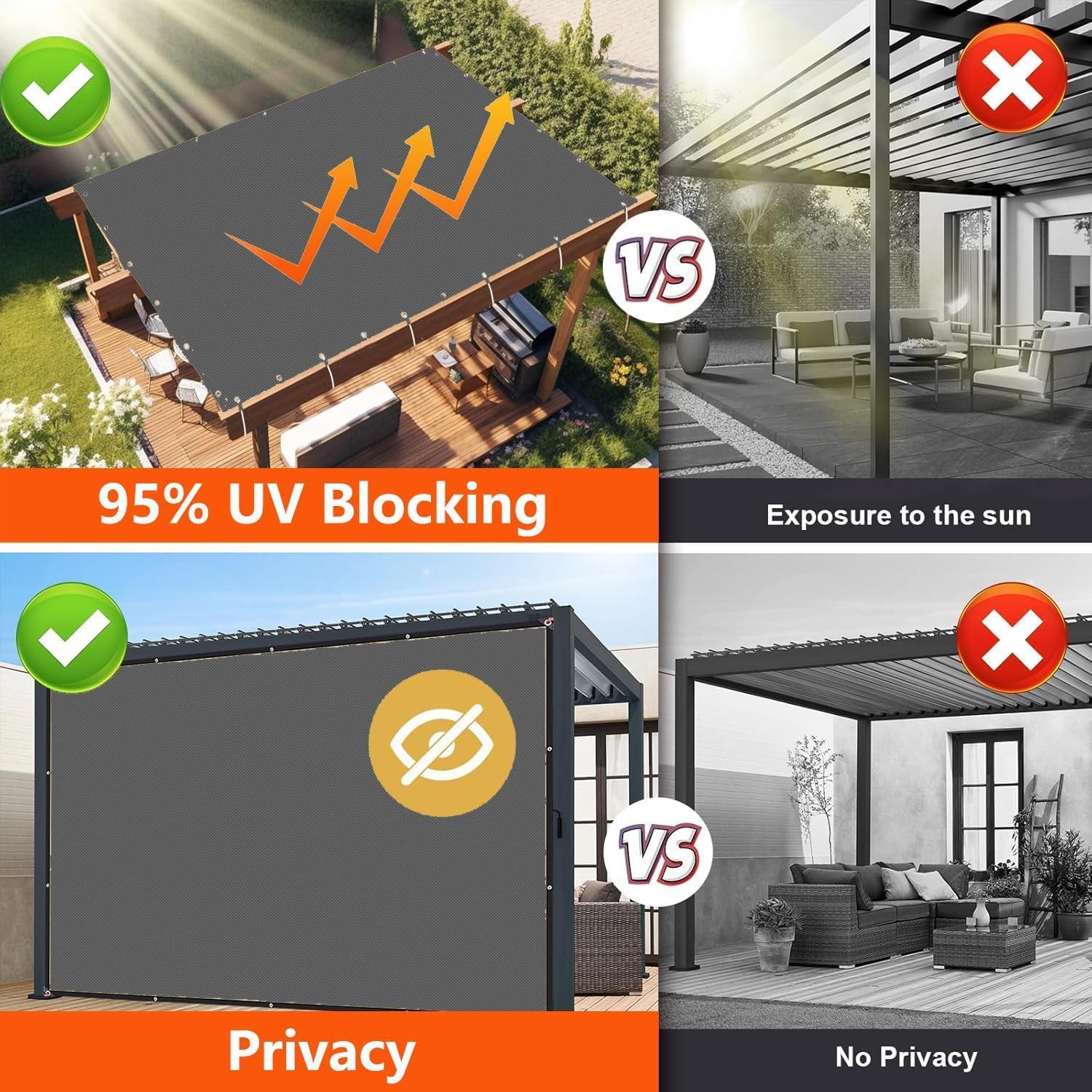 Sonnensegel 5x7m Sonnensegel Wasserdicht Rechteckig,Sonnenschutz Windschutz,Balkon Ohne Bohren Markise Markisenstoff 95% UV Schutz für Pergola Garten Balkon Terrasse, Hellgrau