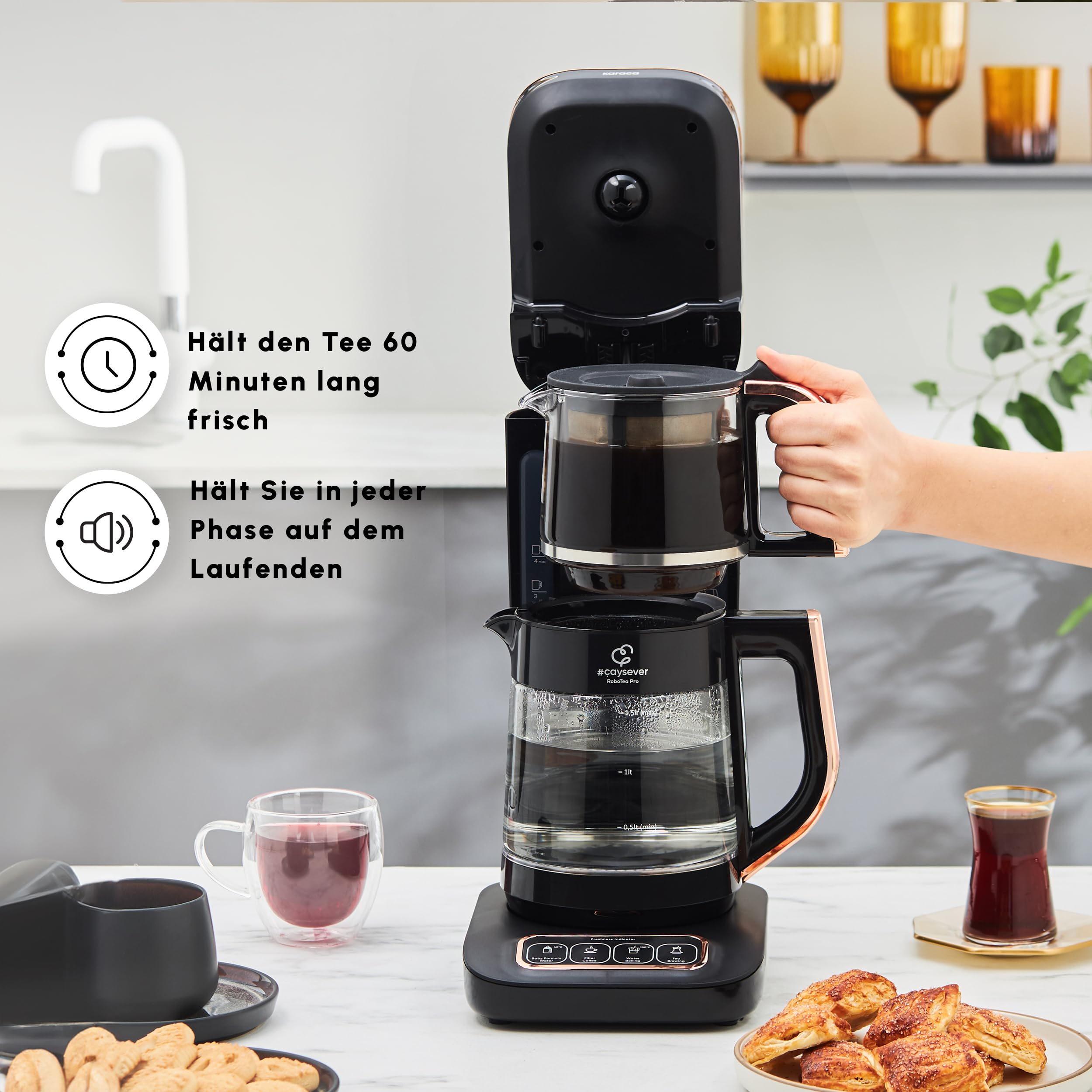 KARACA Çaysever Robotea Pro 4 in 1 Sprechender Automatischer Glas Teekocher, 2500W, 2,3L Kapazität, Frischeanzeige, Babynahrungswasserfunktion, Tee & Kaffee Zubereitung, Sicherheitsfunktionen