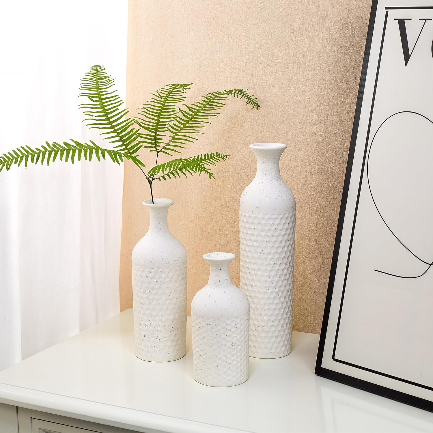 Small White Vases for Home Decor, Decorative Ceramic Vase Set, Matte Finish Honeycomb Texture, Modern Farmhouse Vases for Coffee Table, Bookshelf, Kitchen, Bathroom, Office Desk Decor - Image 3